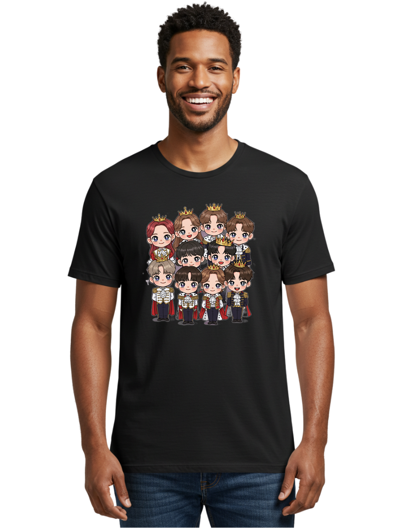 K-Pop-Royalty Men'S Graphic Tee, 100% Cotton, Comfortable Casual Summer Wear, Machine Washable, K-Pop Group, Cartoon Characters, Royal Attire, Crowned Figures, Chibi Style, Cuteness Overload, Idols, Fashion Icons, Cartoon Illustrations Bac103