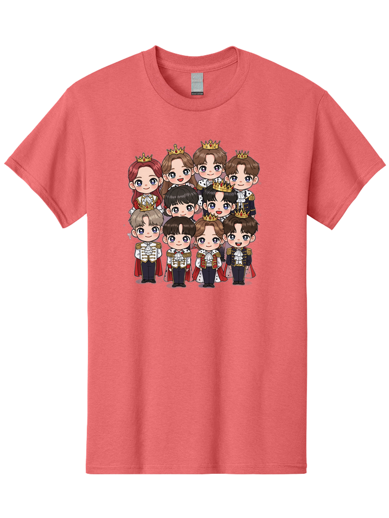 K-Pop-Royalty Men'S Graphic Tee, 100% Cotton, Comfortable Casual Summer Wear, Machine Washable, K-Pop Group, Cartoon Characters, Royal Attire, Crowned Figures, Chibi Style, Cuteness Overload, Idols, Fashion Icons, Cartoon Illustrations Bac103
