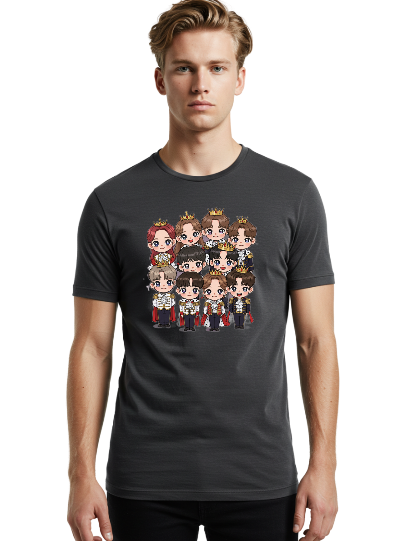 K-Pop-Royalty Men'S Graphic Tee, 100% Cotton, Comfortable Casual Summer Wear, Machine Washable, K-Pop Group, Cartoon Characters, Royal Attire, Crowned Figures, Chibi Style, Cuteness Overload, Idols, Fashion Icons, Cartoon Illustrations Bac103