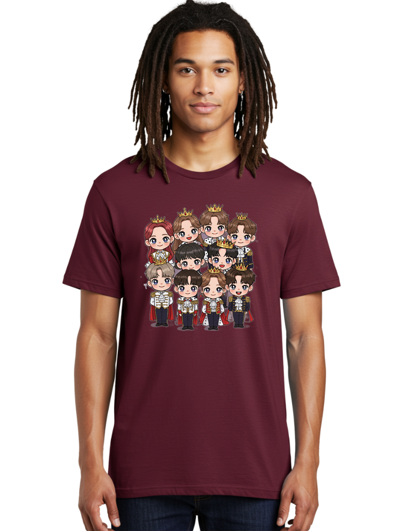 K-Pop-Royalty Men'S Graphic Tee, 100% Cotton, Comfortable Casual Summer Wear, Machine Washable, K-Pop Group, Cartoon Characters, Royal Attire, Crowned Figures, Chibi Style, Cuteness Overload, Idols, Fashion Icons, Cartoon Illustrations Bac103