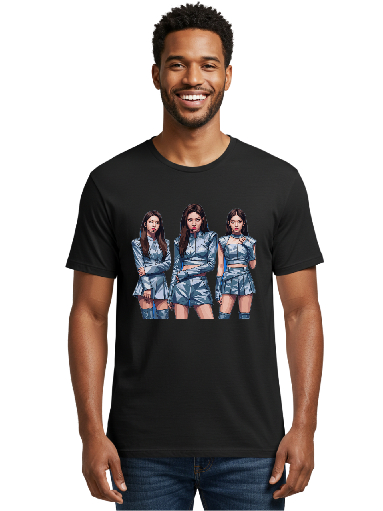 K-Pop-Trio Men'S Graphic Tee, 100% Cotton, Comfortable Casual Summer Wear, Machine Washable, K-Pop Group, Female Idols, Silver Outfits, Futuristic Fashion, Fashion Models, Group Portrait, Pop Art Style, Confident Poses, Long Hair, Bac104