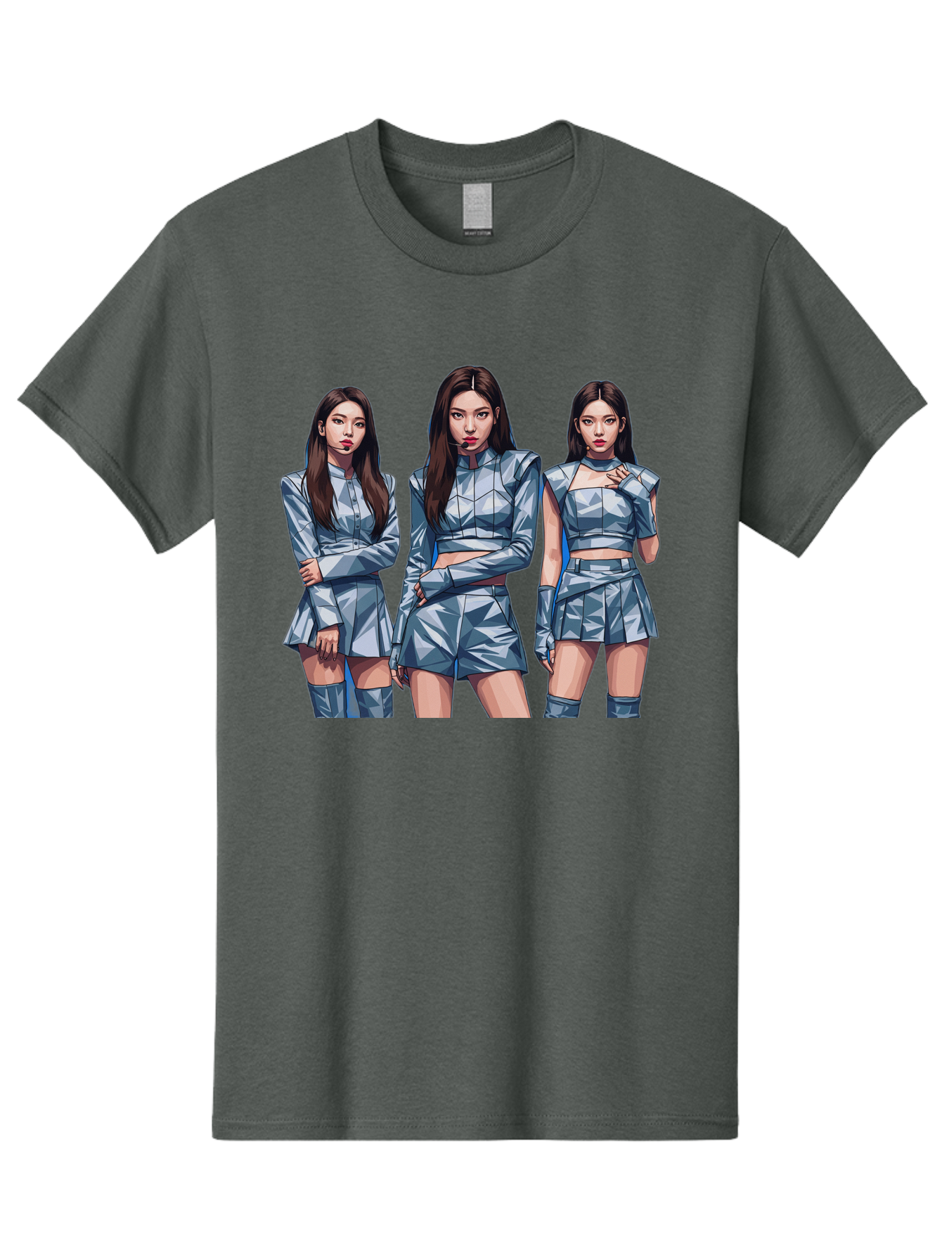 K-Pop-Trio Men'S Graphic Tee, 100% Cotton, Comfortable Casual Summer Wear, Machine Washable, K-Pop Group, Female Idols, Silver Outfits, Futuristic Fashion, Fashion Models, Group Portrait, Pop Art Style, Confident Poses, Long Hair, Bac104