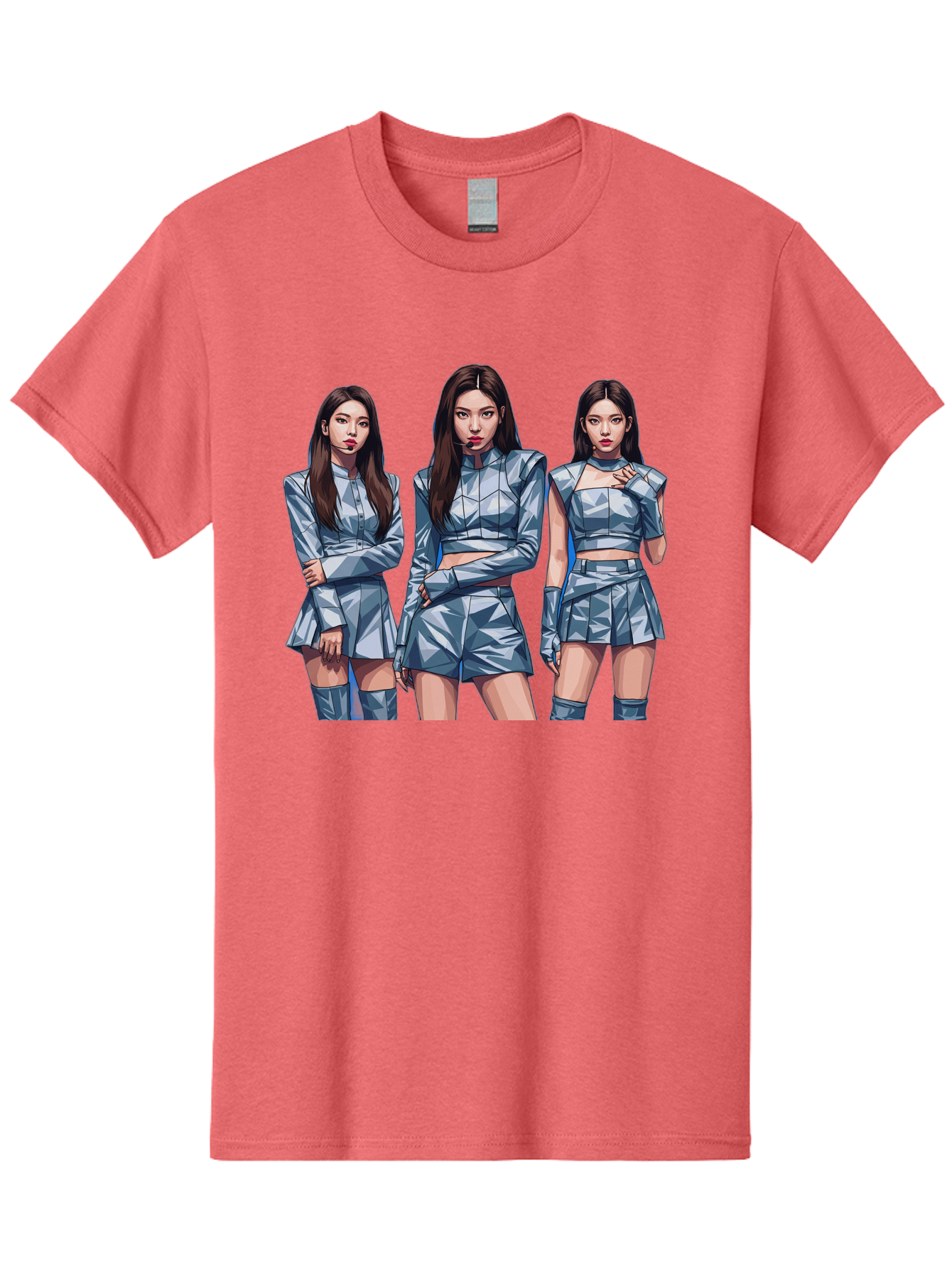 K-Pop-Trio Men'S Graphic Tee, 100% Cotton, Comfortable Casual Summer Wear, Machine Washable, K-Pop Group, Female Idols, Silver Outfits, Futuristic Fashion, Fashion Models, Group Portrait, Pop Art Style, Confident Poses, Long Hair, Bac104