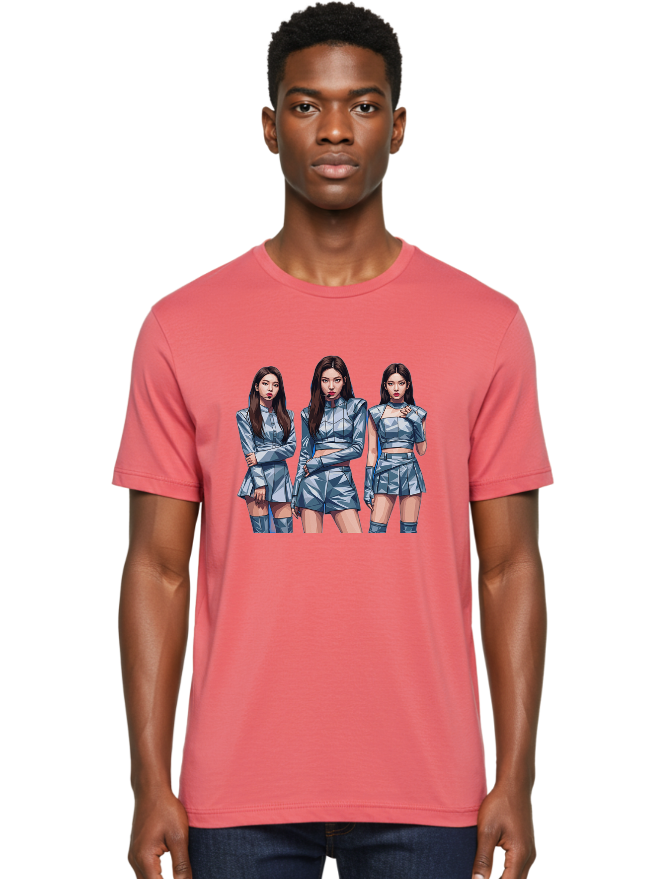 K-Pop-Trio Men'S Graphic Tee, 100% Cotton, Comfortable Casual Summer Wear, Machine Washable, K-Pop Group, Female Idols, Silver Outfits, Futuristic Fashion, Fashion Models, Group Portrait, Pop Art Style, Confident Poses, Long Hair, Bac104