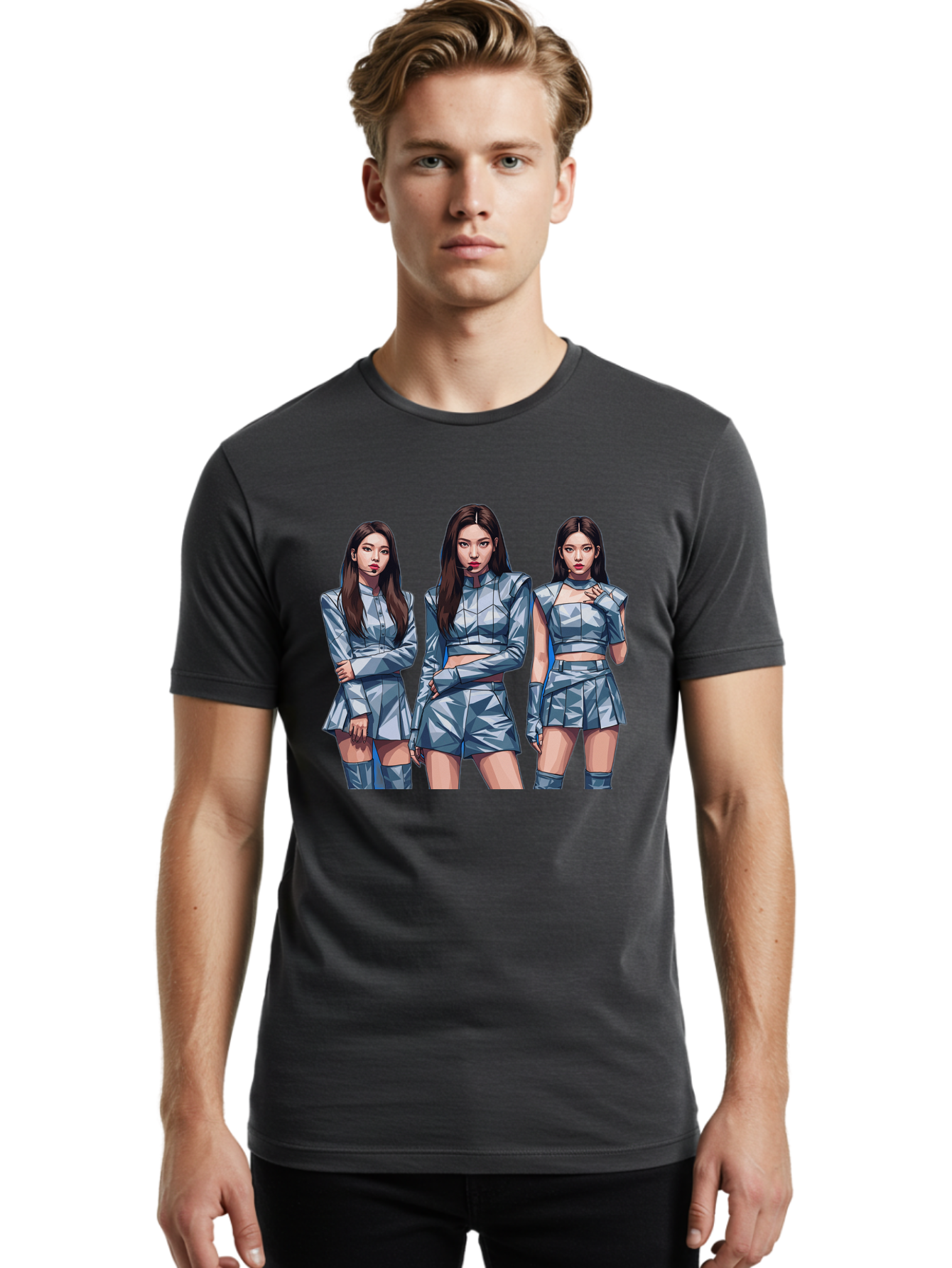 K-Pop-Trio Men'S Graphic Tee, 100% Cotton, Comfortable Casual Summer Wear, Machine Washable, K-Pop Group, Female Idols, Silver Outfits, Futuristic Fashion, Fashion Models, Group Portrait, Pop Art Style, Confident Poses, Long Hair, Bac104