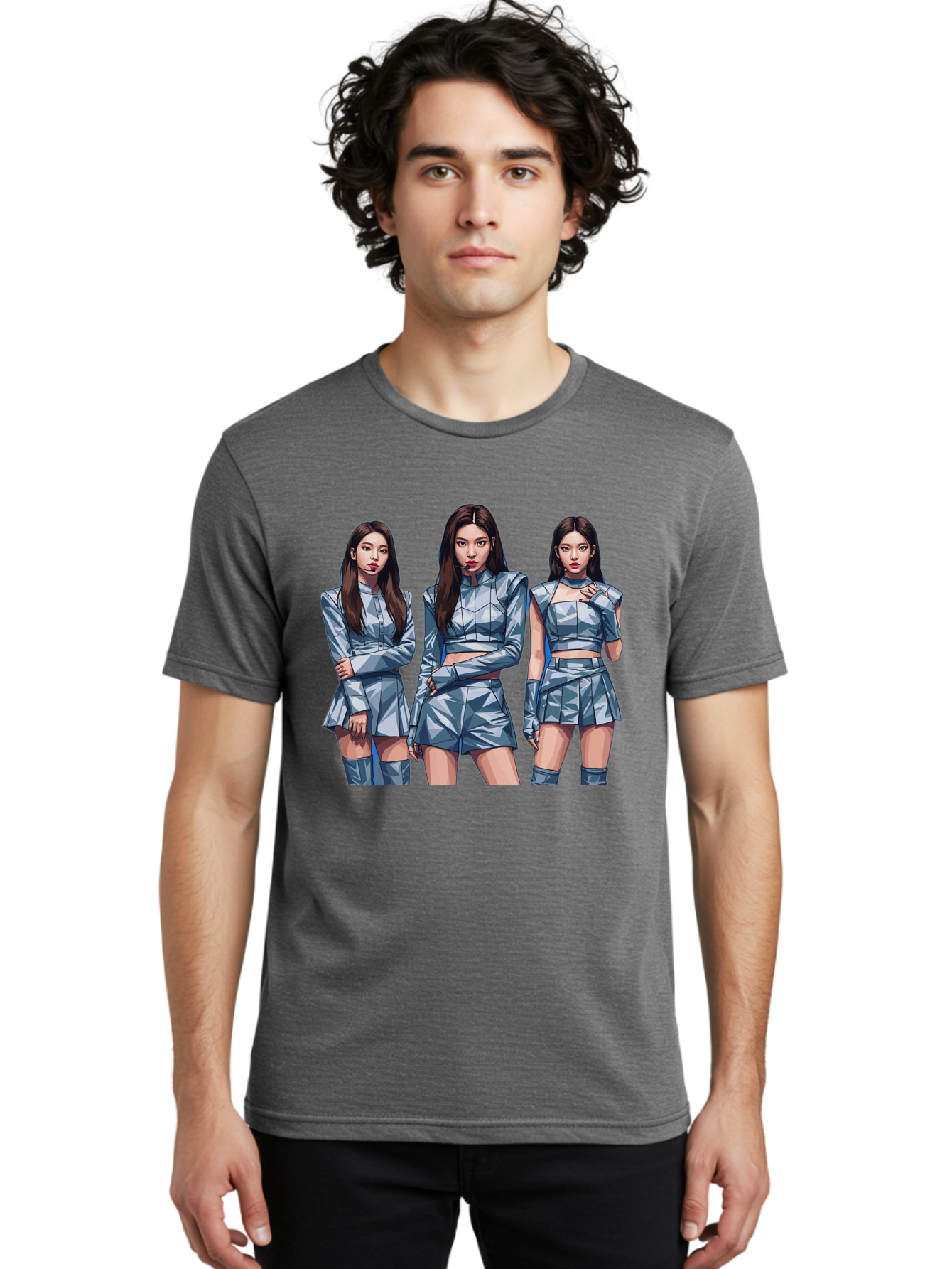 K-Pop-Trio Men'S Graphic Tee, 100% Cotton, Comfortable Casual Summer Wear, Machine Washable, K-Pop Group, Female Idols, Silver Outfits, Futuristic Fashion, Fashion Models, Group Portrait, Pop Art Style, Confident Poses, Long Hair, Bac104