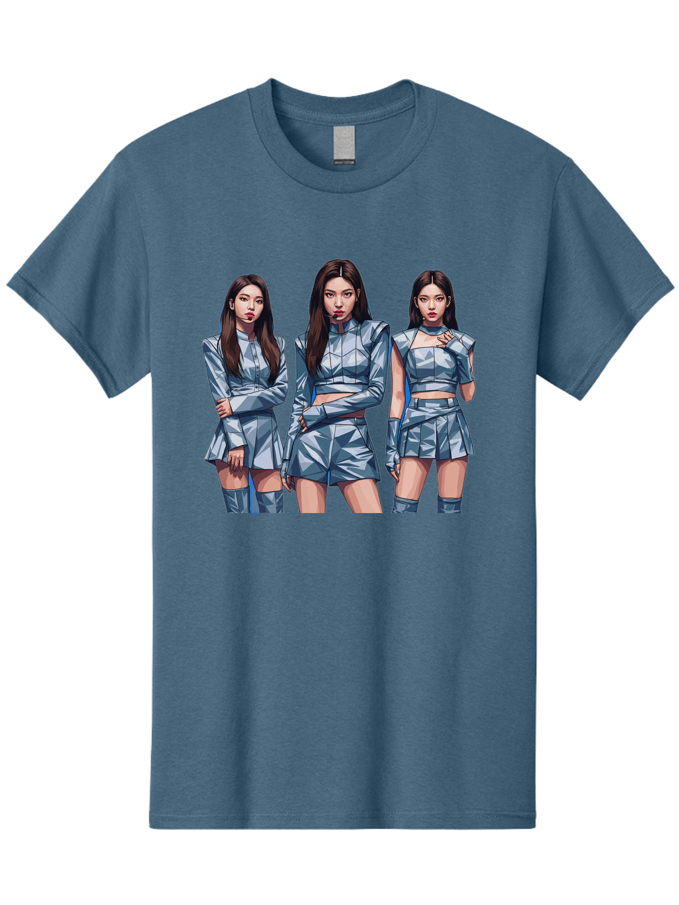 K-Pop-Trio Men'S Graphic Tee, 100% Cotton, Comfortable Casual Summer Wear, Machine Washable, K-Pop Group, Female Idols, Silver Outfits, Futuristic Fashion, Fashion Models, Group Portrait, Pop Art Style, Confident Poses, Long Hair, Bac104
