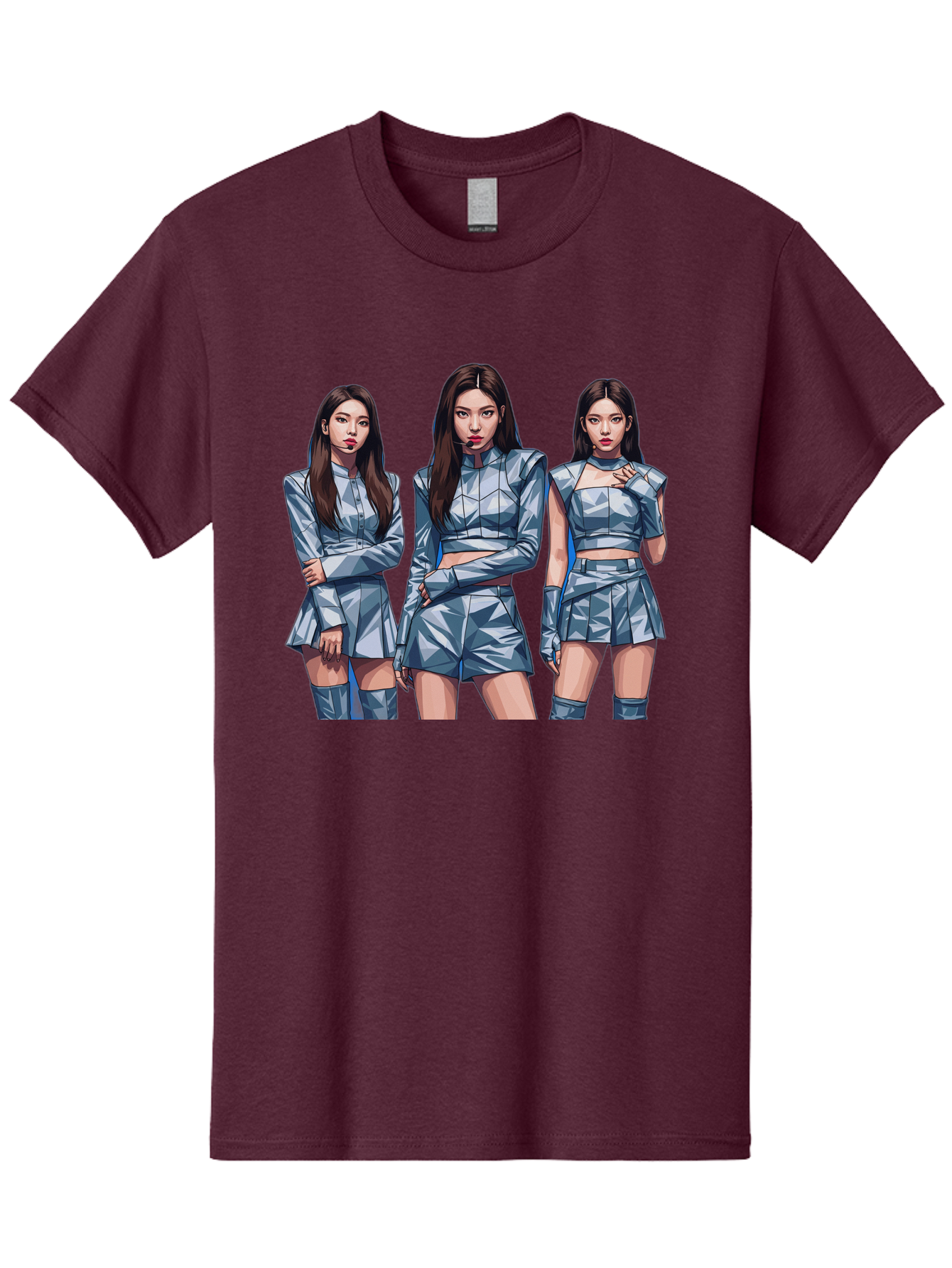 K-Pop-Trio Men'S Graphic Tee, 100% Cotton, Comfortable Casual Summer Wear, Machine Washable, K-Pop Group, Female Idols, Silver Outfits, Futuristic Fashion, Fashion Models, Group Portrait, Pop Art Style, Confident Poses, Long Hair, Bac104