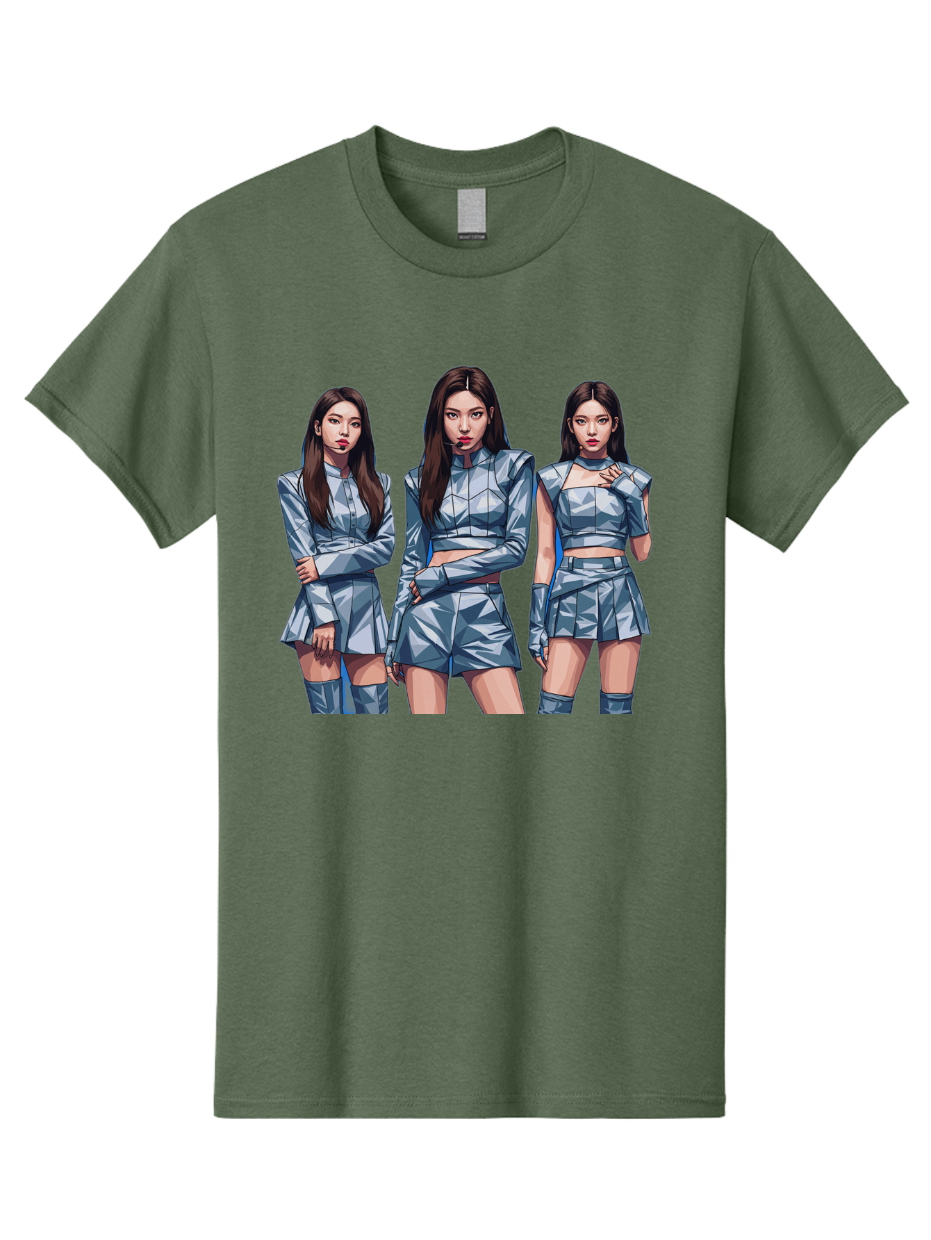 K-Pop-Trio Men'S Graphic Tee, 100% Cotton, Comfortable Casual Summer Wear, Machine Washable, K-Pop Group, Female Idols, Silver Outfits, Futuristic Fashion, Fashion Models, Group Portrait, Pop Art Style, Confident Poses, Long Hair, Bac104