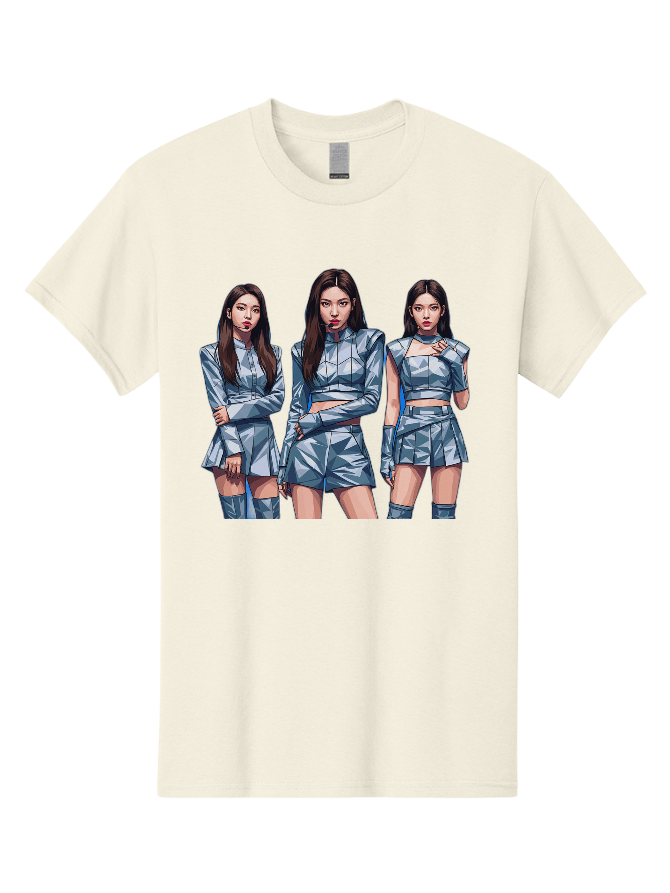 K-Pop-Trio Men'S Graphic Tee, 100% Cotton, Comfortable Casual Summer Wear, Machine Washable, K-Pop Group, Female Idols, Silver Outfits, Futuristic Fashion, Fashion Models, Group Portrait, Pop Art Style, Confident Poses, Long Hair, Bac104