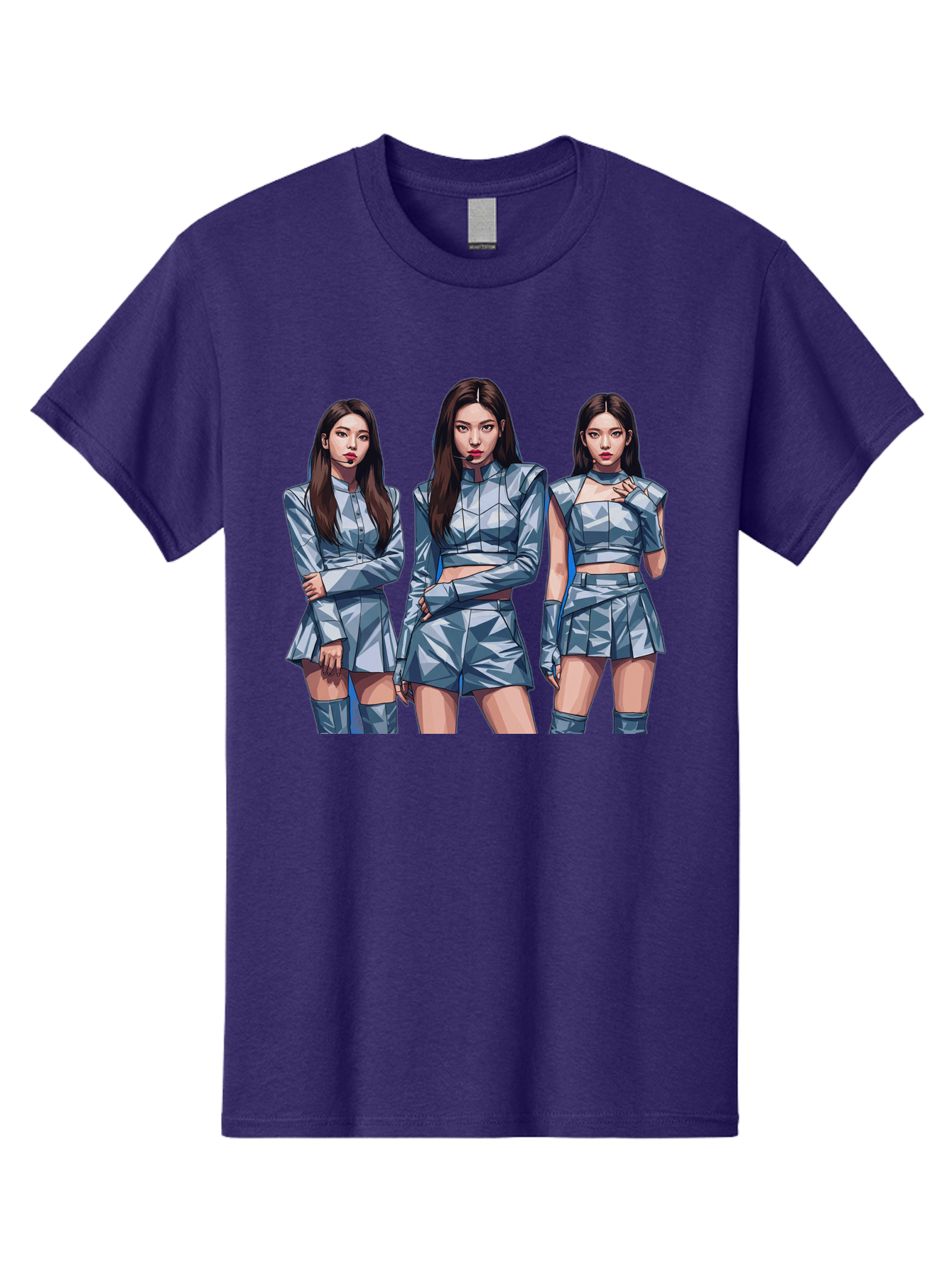 K-Pop-Trio Men'S Graphic Tee, 100% Cotton, Comfortable Casual Summer Wear, Machine Washable, K-Pop Group, Female Idols, Silver Outfits, Futuristic Fashion, Fashion Models, Group Portrait, Pop Art Style, Confident Poses, Long Hair, Bac104