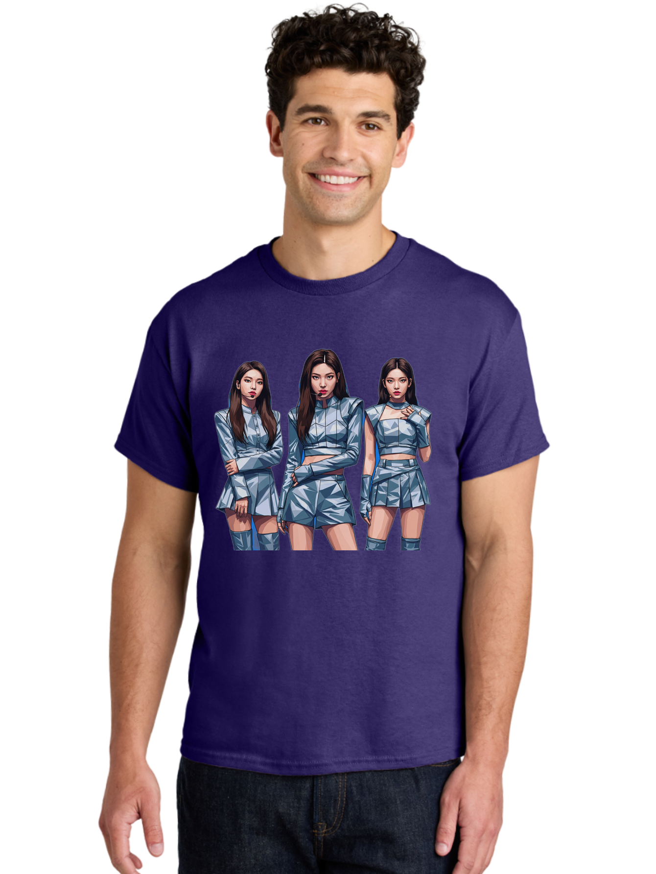 K-Pop-Trio Men'S Graphic Tee, 100% Cotton, Comfortable Casual Summer Wear, Machine Washable, K-Pop Group, Female Idols, Silver Outfits, Futuristic Fashion, Fashion Models, Group Portrait, Pop Art Style, Confident Poses, Long Hair, Bac104