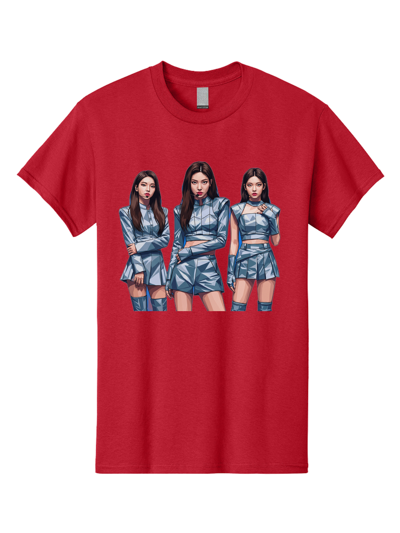 K-Pop-Trio Men'S Graphic Tee, 100% Cotton, Comfortable Casual Summer Wear, Machine Washable, K-Pop Group, Female Idols, Silver Outfits, Futuristic Fashion, Fashion Models, Group Portrait, Pop Art Style, Confident Poses, Long Hair, Bac104