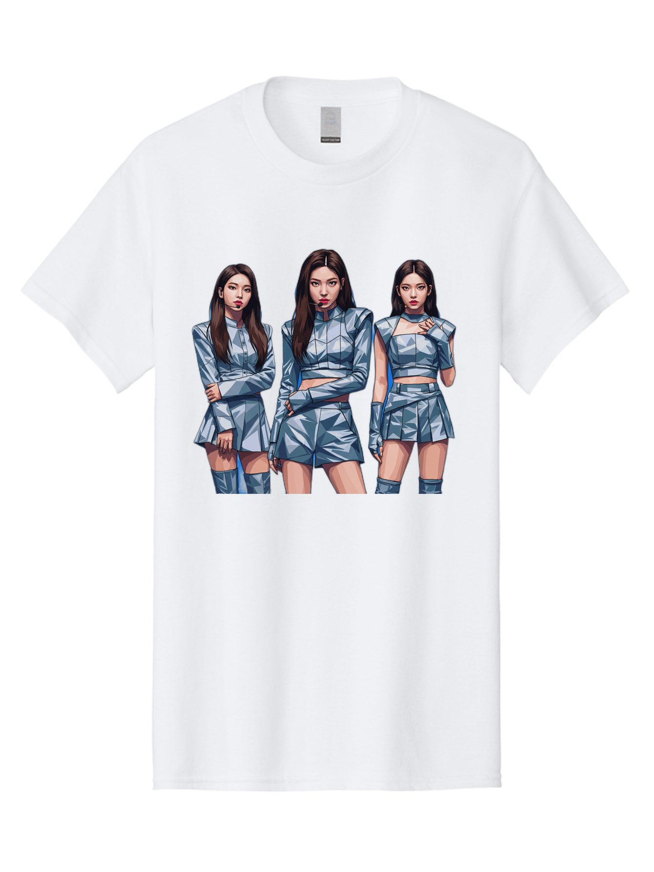 K-Pop-Trio Men'S Graphic Tee, 100% Cotton, Comfortable Casual Summer Wear, Machine Washable, K-Pop Group, Female Idols, Silver Outfits, Futuristic Fashion, Fashion Models, Group Portrait, Pop Art Style, Confident Poses, Long Hair, Bac104