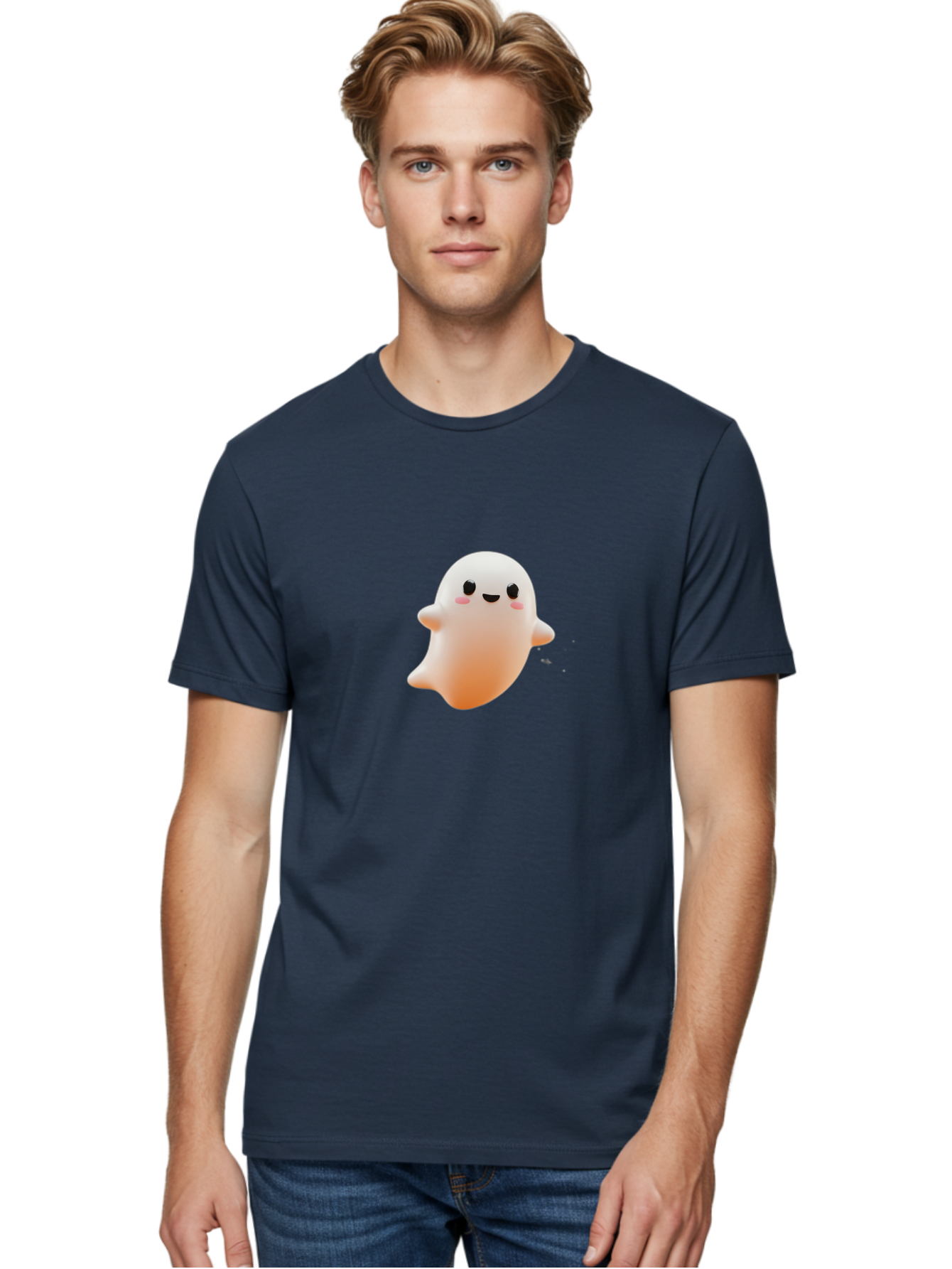 Kawaii-Ghost Men'S Graphic Tee, 100% Cotton, Comfortable Casual Summer Wear, Machine Washable, Cartoon Ghost, Cute Character, Adorable Design, Smiling Face, Pink Cheeks, White Ghost, Kawaii Art, Friendly Spirit, Halloween Character Bac105