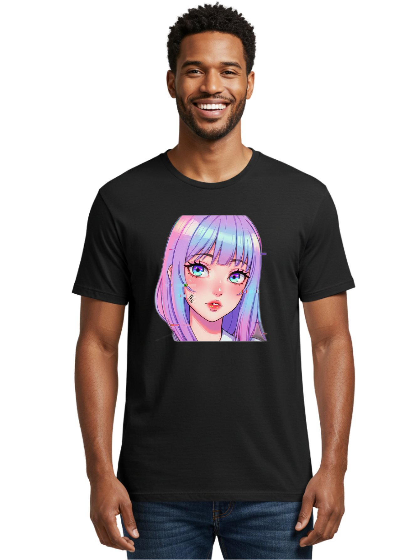 Kawaii-Girl-With-Freckles Men'S Graphic Tee, 100% Cotton, Comfortable Casual Summer Wear, Machine Washable, Anime Girl, Pastel Hair, Vibrant Eyes, Facial Tattoo, Kawaii Aesthetic, Manga Style, Digital Art, Cartoon Character, Bac106