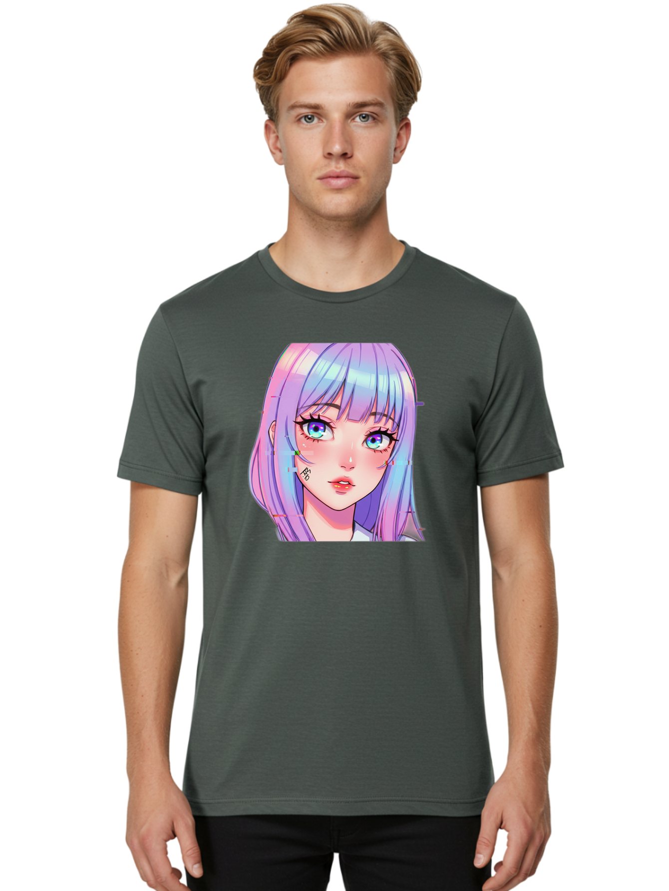 Kawaii-Girl-With-Freckles Men'S Graphic Tee, 100% Cotton, Comfortable Casual Summer Wear, Machine Washable, Anime Girl, Pastel Hair, Vibrant Eyes, Facial Tattoo, Kawaii Aesthetic, Manga Style, Digital Art, Cartoon Character, Bac106