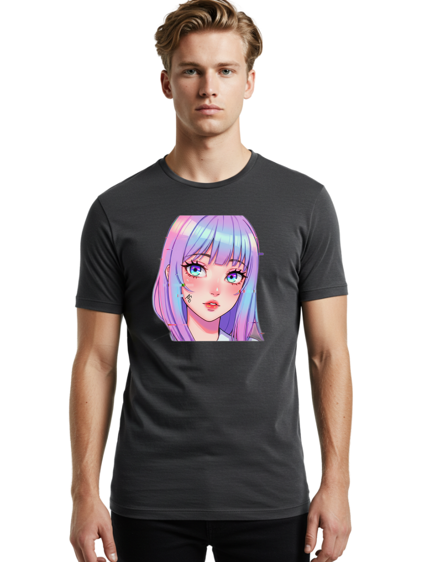 Kawaii-Girl-With-Freckles Men'S Graphic Tee, 100% Cotton, Comfortable Casual Summer Wear, Machine Washable, Anime Girl, Pastel Hair, Vibrant Eyes, Facial Tattoo, Kawaii Aesthetic, Manga Style, Digital Art, Cartoon Character, Bac106