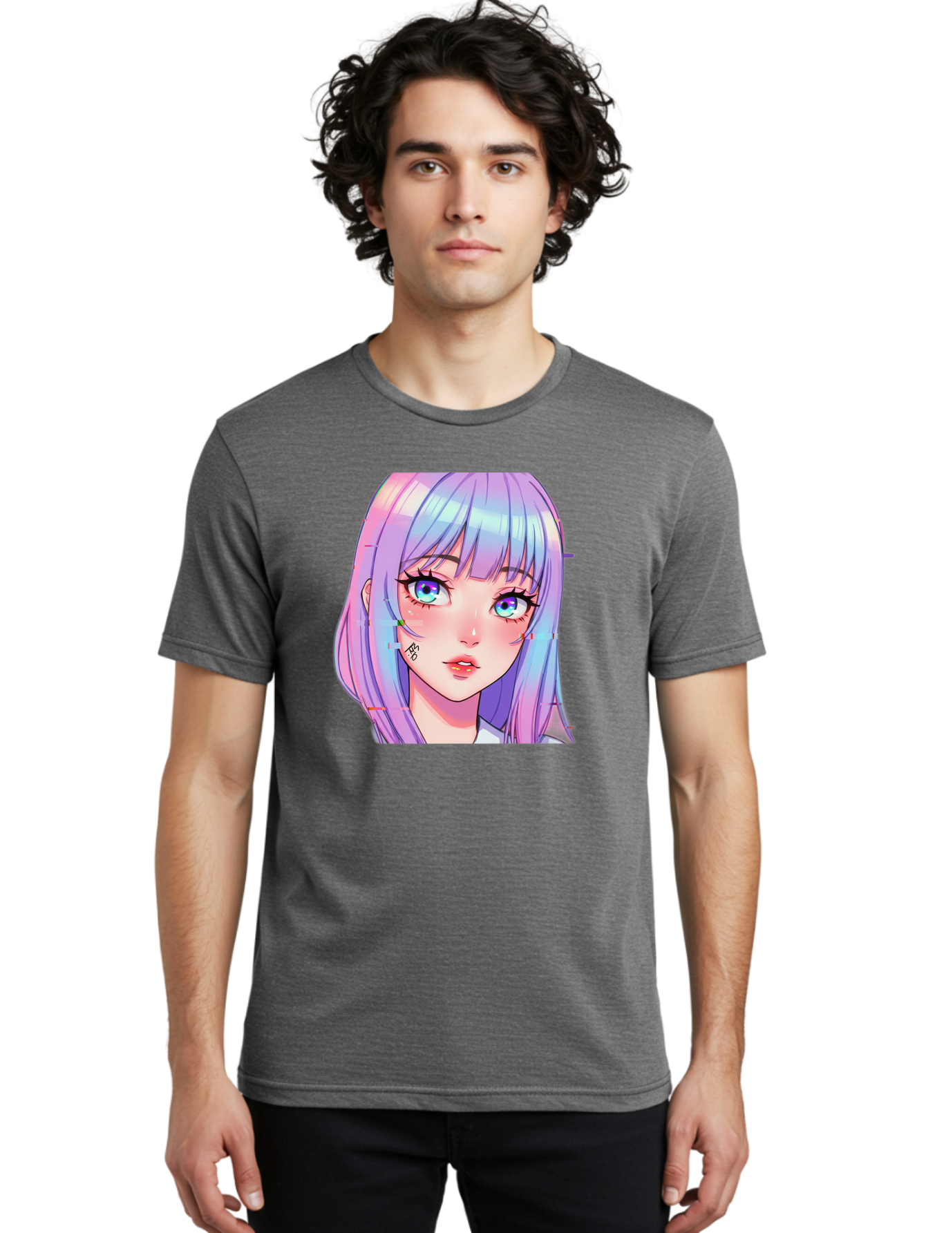 Kawaii-Girl-With-Freckles Men'S Graphic Tee, 100% Cotton, Comfortable Casual Summer Wear, Machine Washable, Anime Girl, Pastel Hair, Vibrant Eyes, Facial Tattoo, Kawaii Aesthetic, Manga Style, Digital Art, Cartoon Character, Bac106