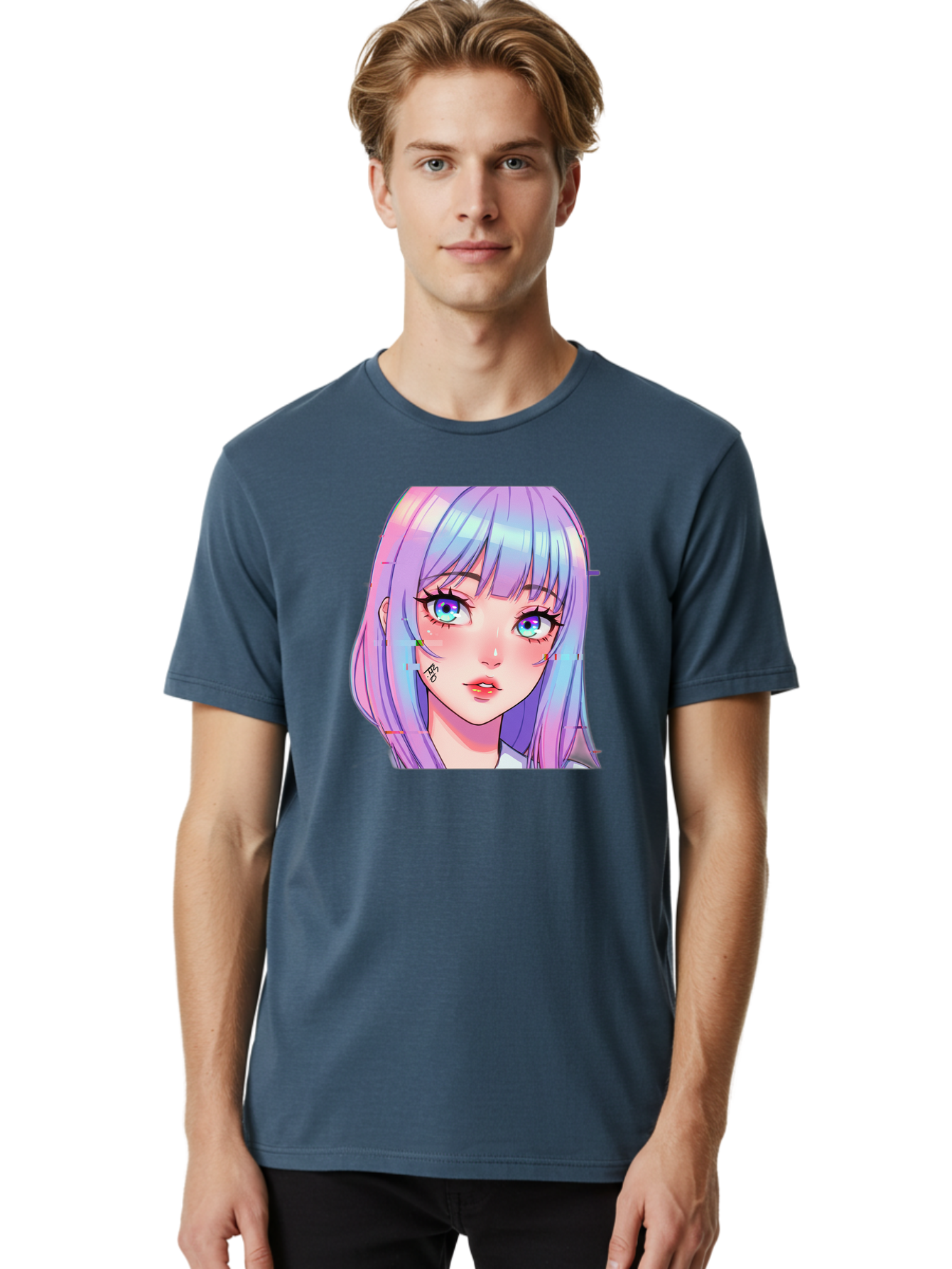 Kawaii-Girl-With-Freckles Men'S Graphic Tee, 100% Cotton, Comfortable Casual Summer Wear, Machine Washable, Anime Girl, Pastel Hair, Vibrant Eyes, Facial Tattoo, Kawaii Aesthetic, Manga Style, Digital Art, Cartoon Character, Bac106