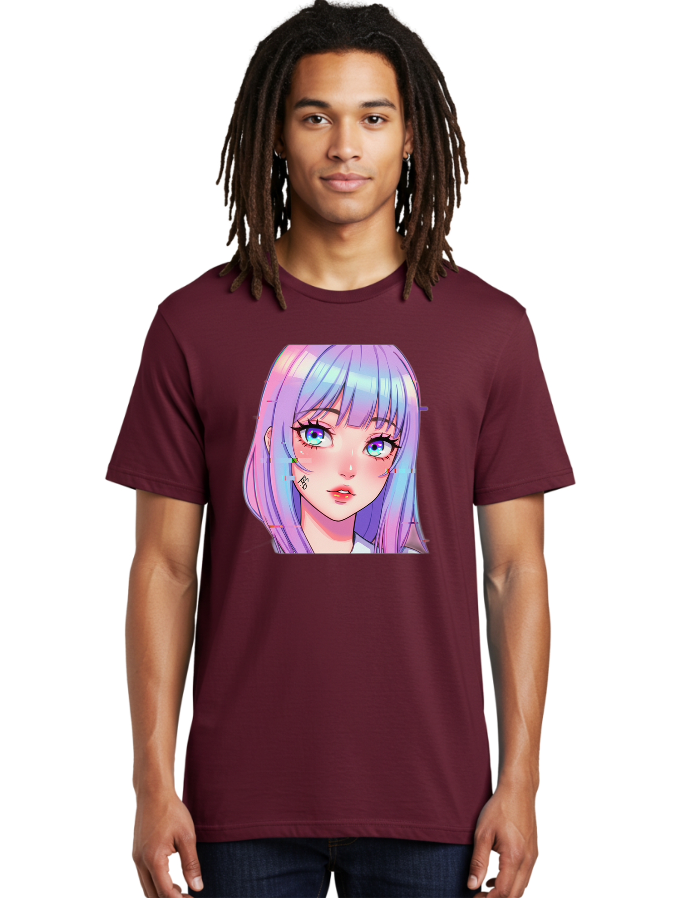 Kawaii-Girl-With-Freckles Men'S Graphic Tee, 100% Cotton, Comfortable Casual Summer Wear, Machine Washable, Anime Girl, Pastel Hair, Vibrant Eyes, Facial Tattoo, Kawaii Aesthetic, Manga Style, Digital Art, Cartoon Character, Bac106