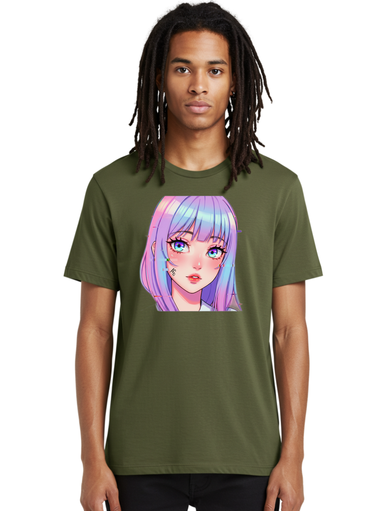 Kawaii-Girl-With-Freckles Men'S Graphic Tee, 100% Cotton, Comfortable Casual Summer Wear, Machine Washable, Anime Girl, Pastel Hair, Vibrant Eyes, Facial Tattoo, Kawaii Aesthetic, Manga Style, Digital Art, Cartoon Character, Bac106