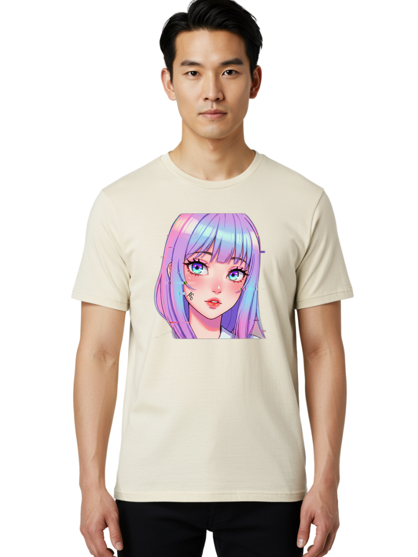 Kawaii-Girl-With-Freckles Men'S Graphic Tee, 100% Cotton, Comfortable Casual Summer Wear, Machine Washable, Anime Girl, Pastel Hair, Vibrant Eyes, Facial Tattoo, Kawaii Aesthetic, Manga Style, Digital Art, Cartoon Character, Bac106