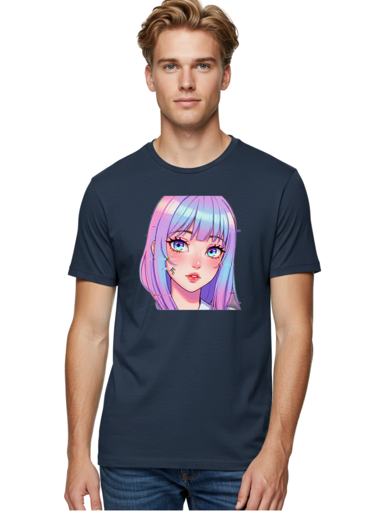 Kawaii-Girl-With-Freckles Men'S Graphic Tee, 100% Cotton, Comfortable Casual Summer Wear, Machine Washable, Anime Girl, Pastel Hair, Vibrant Eyes, Facial Tattoo, Kawaii Aesthetic, Manga Style, Digital Art, Cartoon Character, Bac106