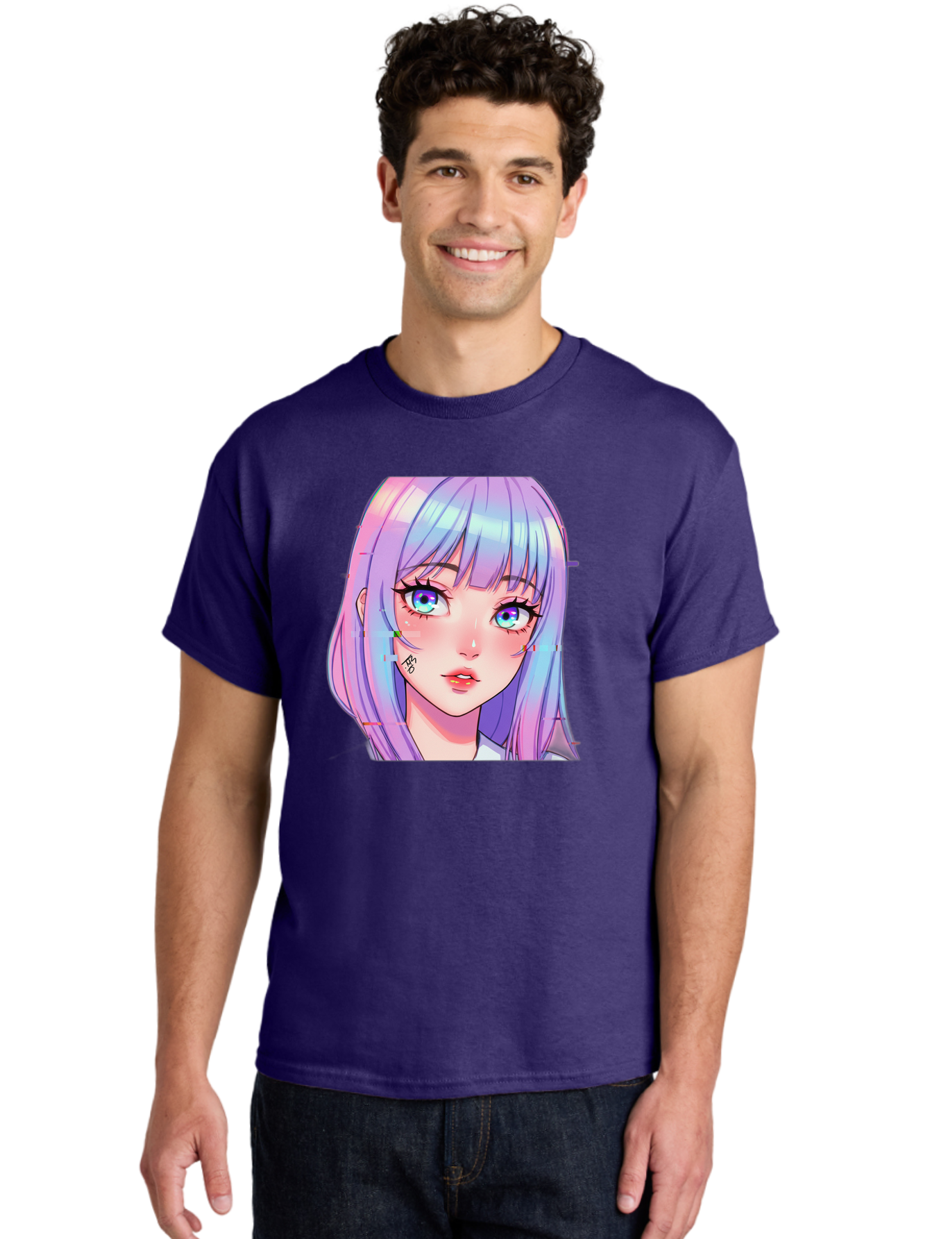 Kawaii-Girl-With-Freckles Men'S Graphic Tee, 100% Cotton, Comfortable Casual Summer Wear, Machine Washable, Anime Girl, Pastel Hair, Vibrant Eyes, Facial Tattoo, Kawaii Aesthetic, Manga Style, Digital Art, Cartoon Character, Bac106