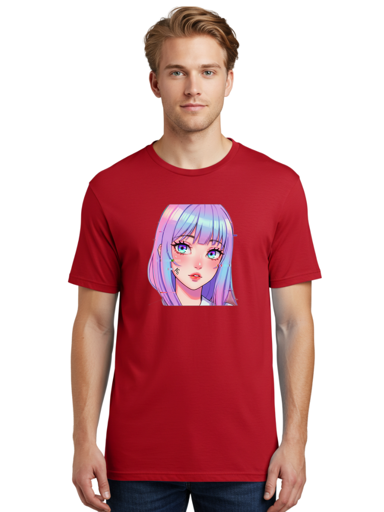 Kawaii-Girl-With-Freckles Men'S Graphic Tee, 100% Cotton, Comfortable Casual Summer Wear, Machine Washable, Anime Girl, Pastel Hair, Vibrant Eyes, Facial Tattoo, Kawaii Aesthetic, Manga Style, Digital Art, Cartoon Character, Bac106