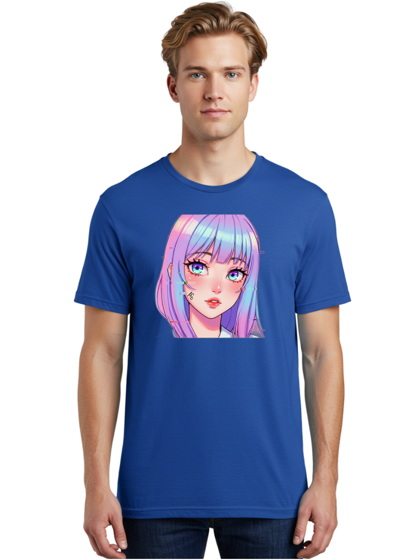 Kawaii-Girl-With-Freckles Men'S Graphic Tee, 100% Cotton, Comfortable Casual Summer Wear, Machine Washable, Anime Girl, Pastel Hair, Vibrant Eyes, Facial Tattoo, Kawaii Aesthetic, Manga Style, Digital Art, Cartoon Character, Bac106