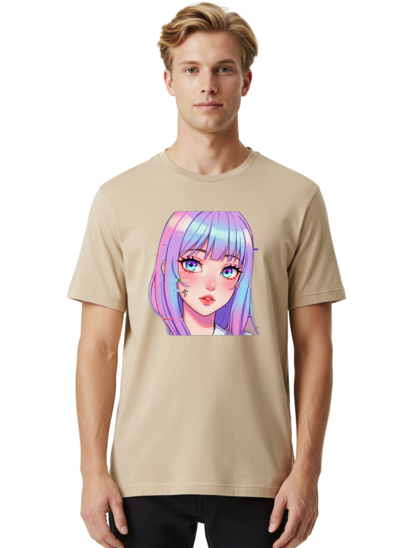 Kawaii-Girl-With-Freckles Men'S Graphic Tee, 100% Cotton, Comfortable Casual Summer Wear, Machine Washable, Anime Girl, Pastel Hair, Vibrant Eyes, Facial Tattoo, Kawaii Aesthetic, Manga Style, Digital Art, Cartoon Character, Bac106