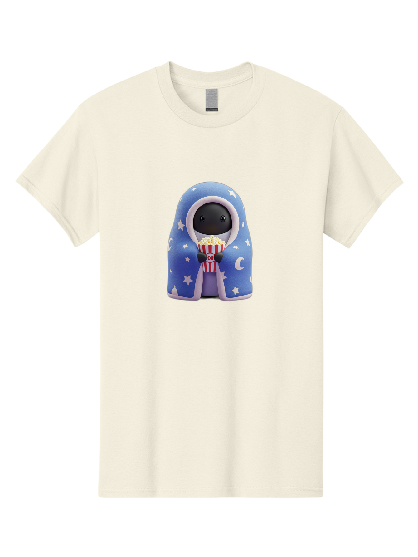 Kaws-Companion Men'S Graphic Tee, 100% Cotton, Comfortable Casual Summer Wear, Machine Washable, Cartoon Character, Blue Robe With Stars, Holding Popcorn, Moon Symbol, Night Theme, Cute Design, Whimsical, Pop Culture, Relaxed, Casual, Bac107