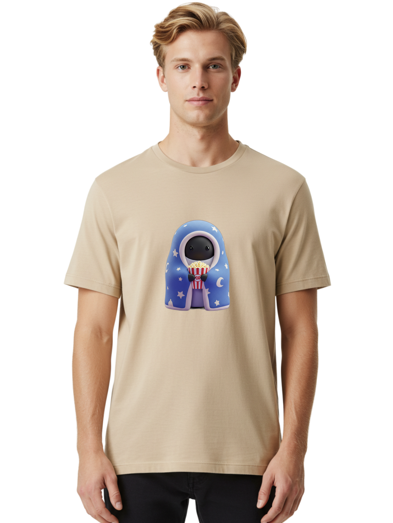 Kaws-Companion Men'S Graphic Tee, 100% Cotton, Comfortable Casual Summer Wear, Machine Washable, Cartoon Character, Blue Robe With Stars, Holding Popcorn, Moon Symbol, Night Theme, Cute Design, Whimsical, Pop Culture, Relaxed, Casual, Bac107