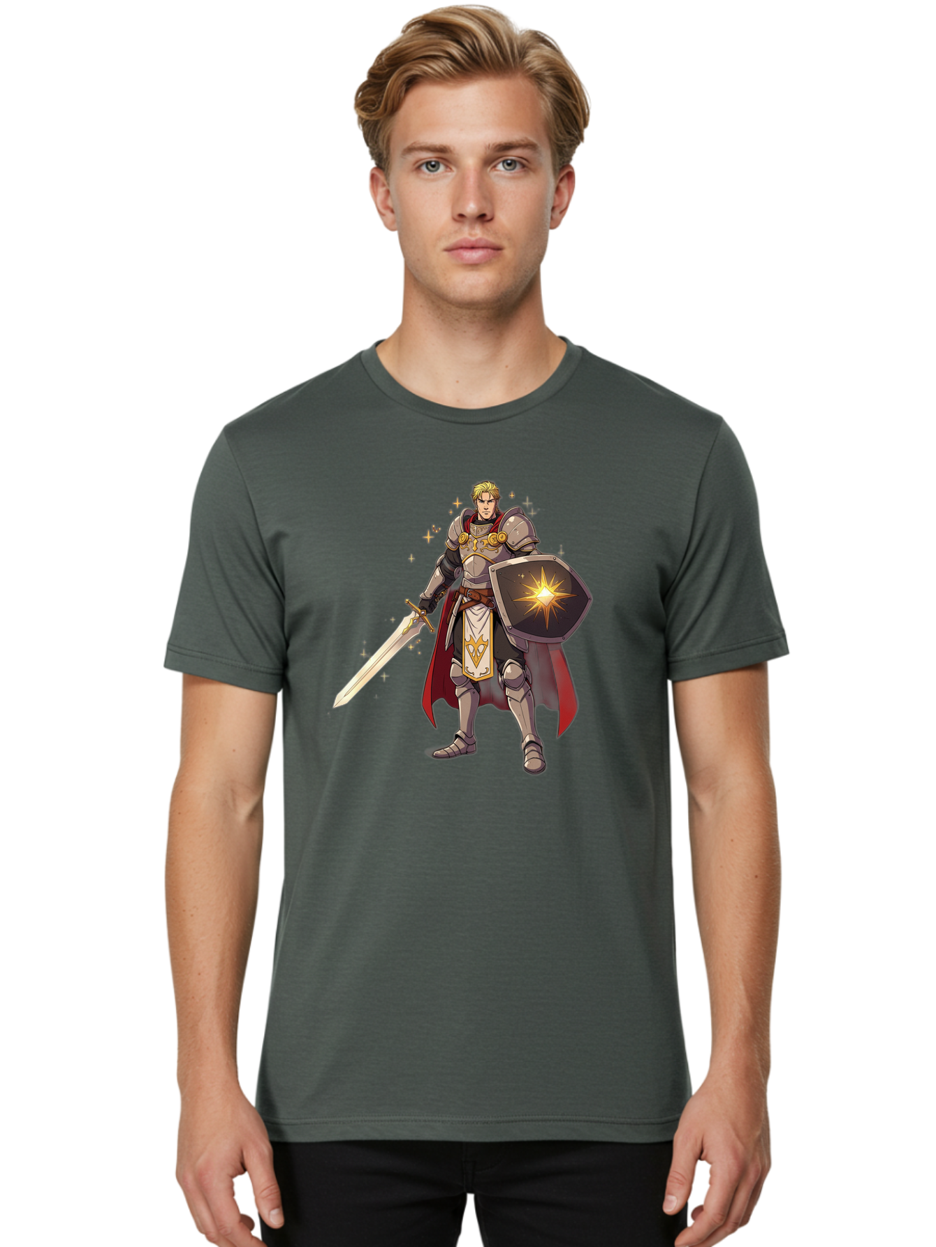 Knight-Templar Men'S Graphic Tee, 100% Cotton, Comfortable Casual Summer Wear, Machine Washable, Knight Templar, Masonic Knight, Armor, Sword, Shield, Freemason Symbol, Gold Accents, Red Cape, Blonde Hair, Sacred Geometry, Spiritual Warrior, Bac108