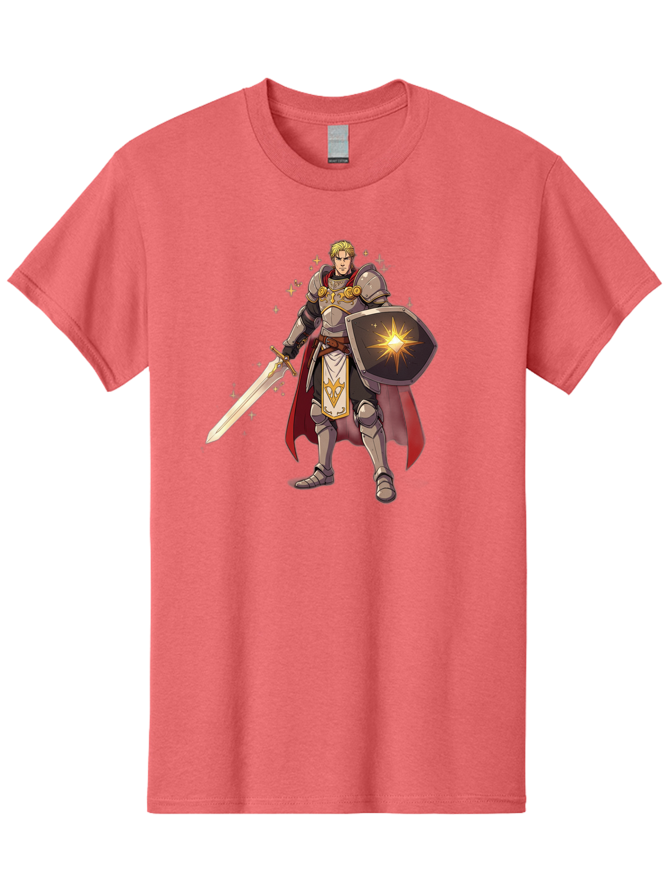 Knight-Templar Men'S Graphic Tee, 100% Cotton, Comfortable Casual Summer Wear, Machine Washable, Knight Templar, Masonic Knight, Armor, Sword, Shield, Freemason Symbol, Gold Accents, Red Cape, Blonde Hair, Sacred Geometry, Spiritual Warrior, Bac108