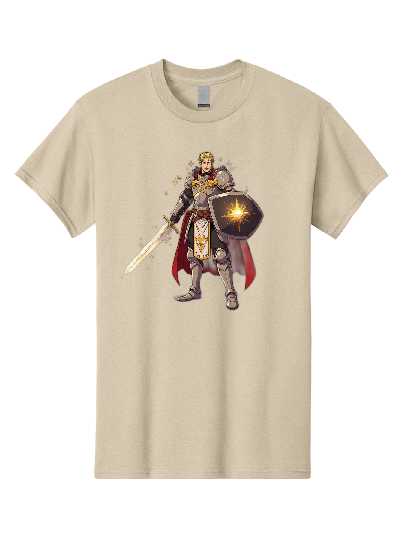 Knight-Templar Men'S Graphic Tee, 100% Cotton, Comfortable Casual Summer Wear, Machine Washable, Knight Templar, Masonic Knight, Armor, Sword, Shield, Freemason Symbol, Gold Accents, Red Cape, Blonde Hair, Sacred Geometry, Spiritual Warrior, Bac108