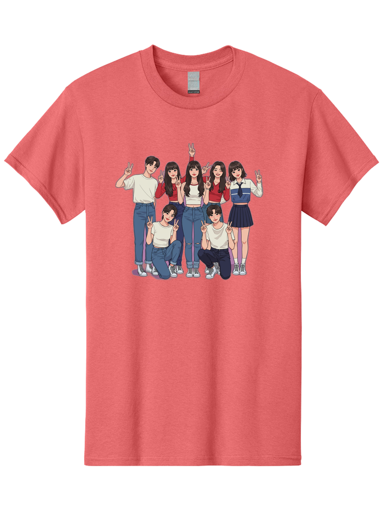 Kpop-Group Men'S Graphic Tee, 100% Cotton, Comfortable Casual Summer Wear, Machine Washable, Group Of Friends, Casual Clothing, Peace Signs, Happy Faces, Cartoon Style, Youth Culture, Friendship, Togetherness, Harmony, Trendy Outfits Bac109