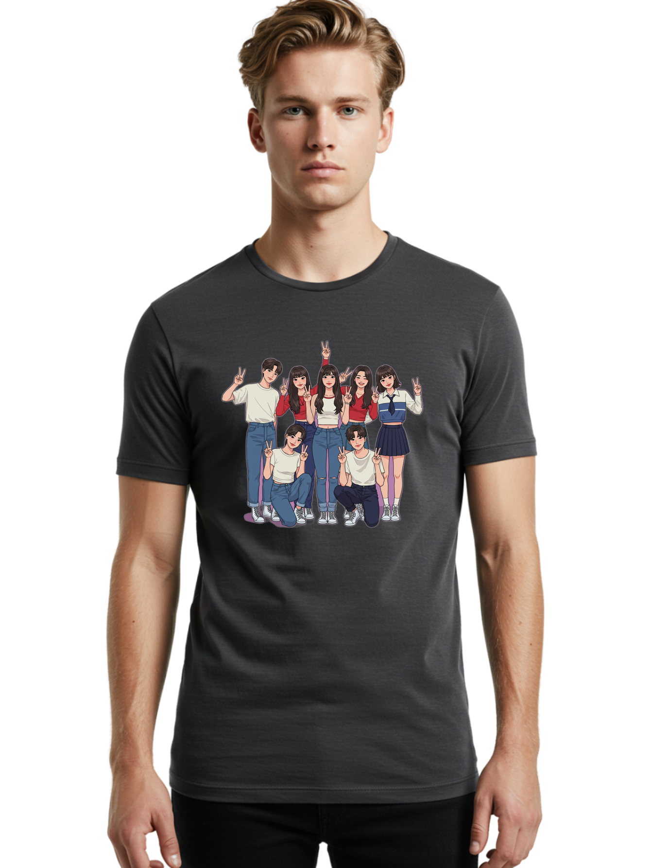 Kpop-Group Men'S Graphic Tee, 100% Cotton, Comfortable Casual Summer Wear, Machine Washable, Group Of Friends, Casual Clothing, Peace Signs, Happy Faces, Cartoon Style, Youth Culture, Friendship, Togetherness, Harmony, Trendy Outfits Bac109