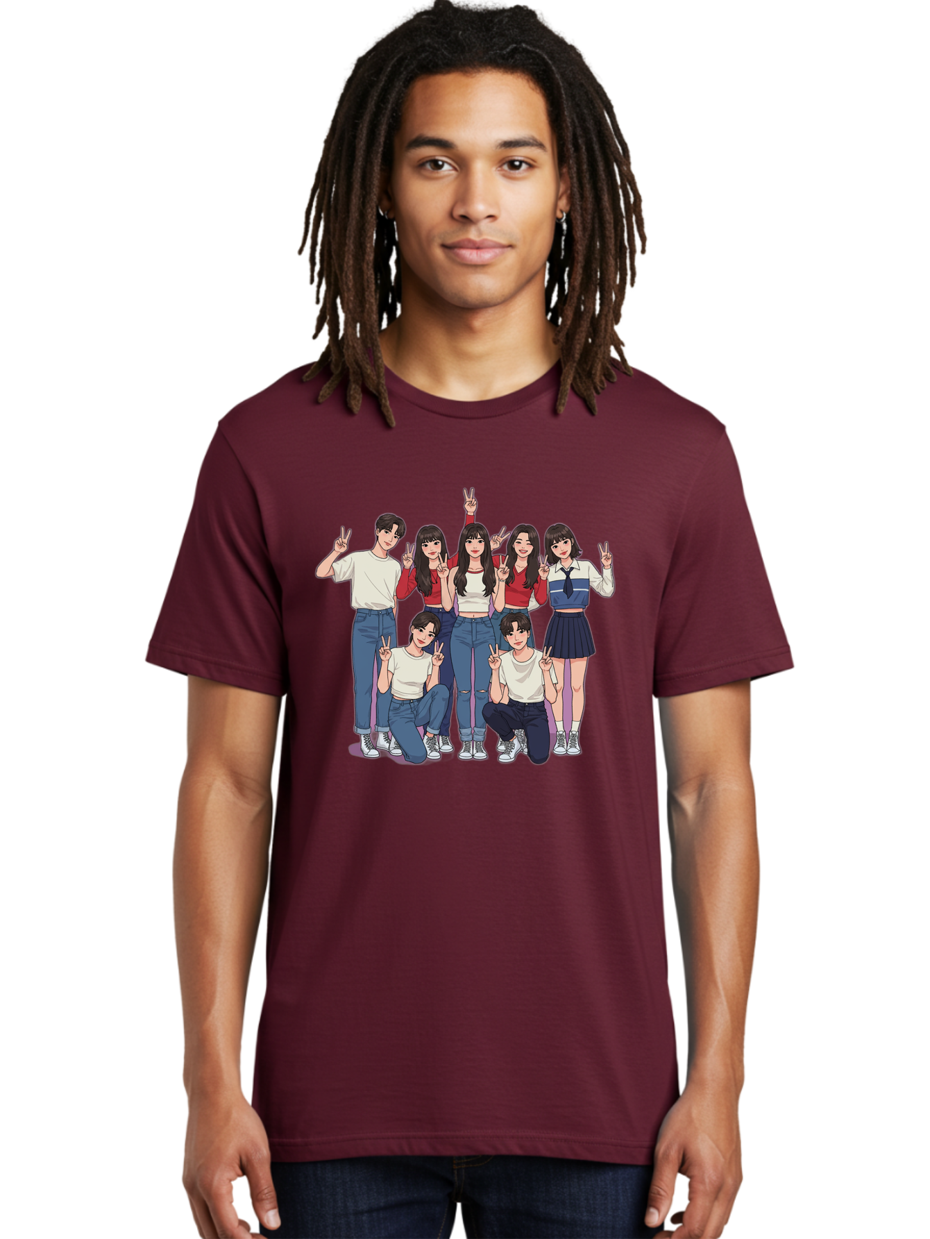 Kpop-Group Men'S Graphic Tee, 100% Cotton, Comfortable Casual Summer Wear, Machine Washable, Group Of Friends, Casual Clothing, Peace Signs, Happy Faces, Cartoon Style, Youth Culture, Friendship, Togetherness, Harmony, Trendy Outfits Bac109