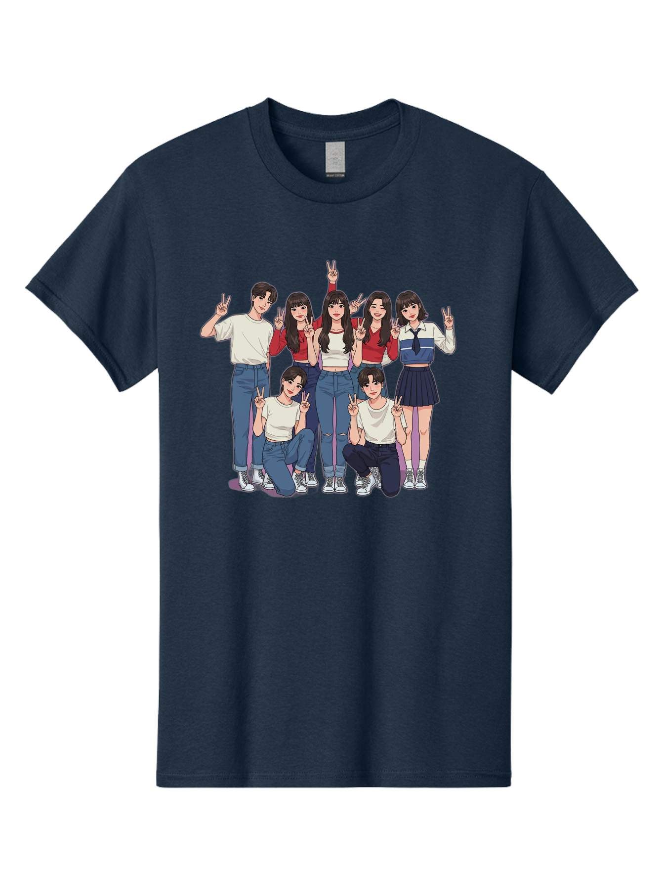 Kpop-Group Men'S Graphic Tee, 100% Cotton, Comfortable Casual Summer Wear, Machine Washable, Group Of Friends, Casual Clothing, Peace Signs, Happy Faces, Cartoon Style, Youth Culture, Friendship, Togetherness, Harmony, Trendy Outfits Bac109