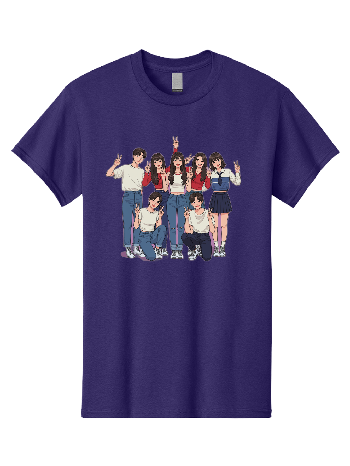 Kpop-Group Men'S Graphic Tee, 100% Cotton, Comfortable Casual Summer Wear, Machine Washable, Group Of Friends, Casual Clothing, Peace Signs, Happy Faces, Cartoon Style, Youth Culture, Friendship, Togetherness, Harmony, Trendy Outfits Bac109