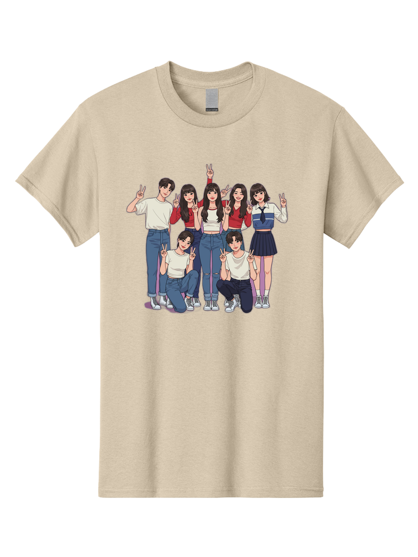 Kpop-Group Men'S Graphic Tee, 100% Cotton, Comfortable Casual Summer Wear, Machine Washable, Group Of Friends, Casual Clothing, Peace Signs, Happy Faces, Cartoon Style, Youth Culture, Friendship, Togetherness, Harmony, Trendy Outfits Bac109