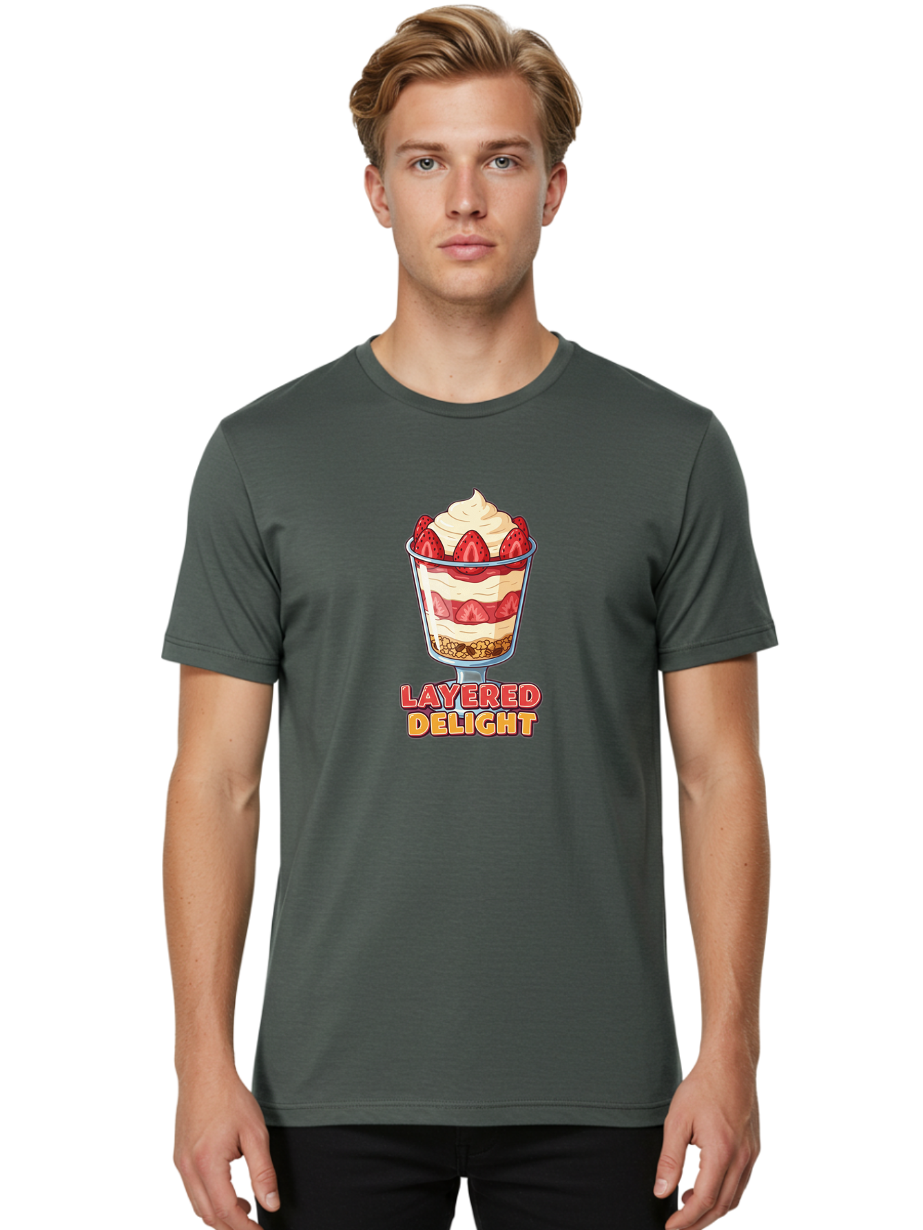 Layered-Delight Men'S Graphic Tee, 100% Cotton, Comfortable Casual Summer Wear, Machine Washable, Layered Dessert, Strawberry Parfait, Whipped Cream, Sweet Treat, Crunchy Granola, Layered Delight, Dessert Cup, Tasty Layers, Strawberry Topping, Bac110