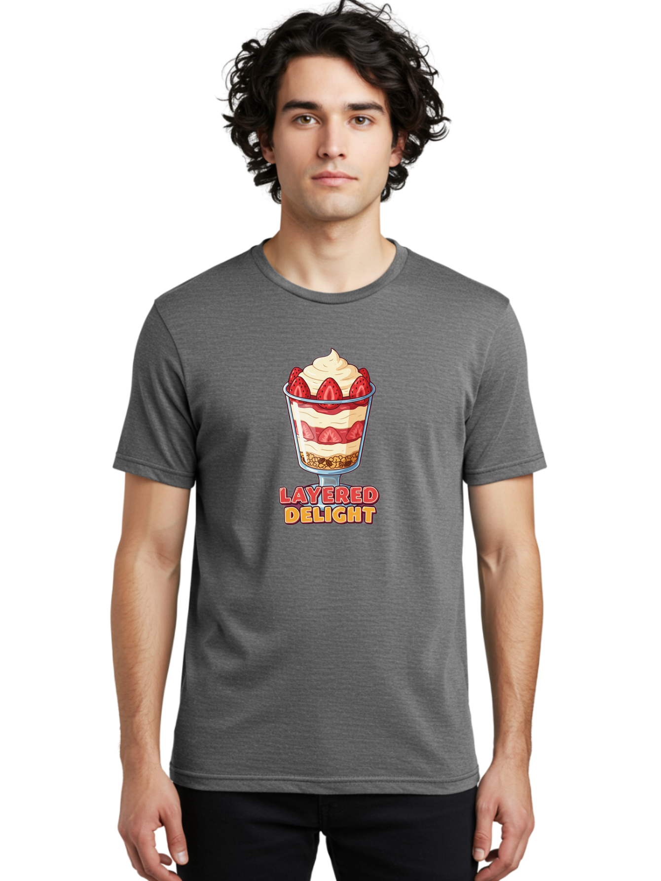 Layered-Delight Men'S Graphic Tee, 100% Cotton, Comfortable Casual Summer Wear, Machine Washable, Layered Dessert, Strawberry Parfait, Whipped Cream, Sweet Treat, Crunchy Granola, Layered Delight, Dessert Cup, Tasty Layers, Strawberry Topping, Bac110
