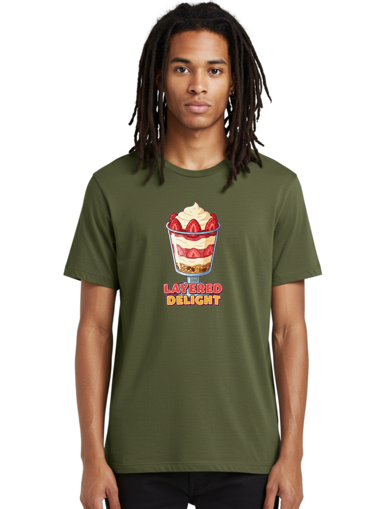 Layered-Delight Men'S Graphic Tee, 100% Cotton, Comfortable Casual Summer Wear, Machine Washable, Layered Dessert, Strawberry Parfait, Whipped Cream, Sweet Treat, Crunchy Granola, Layered Delight, Dessert Cup, Tasty Layers, Strawberry Topping, Bac110