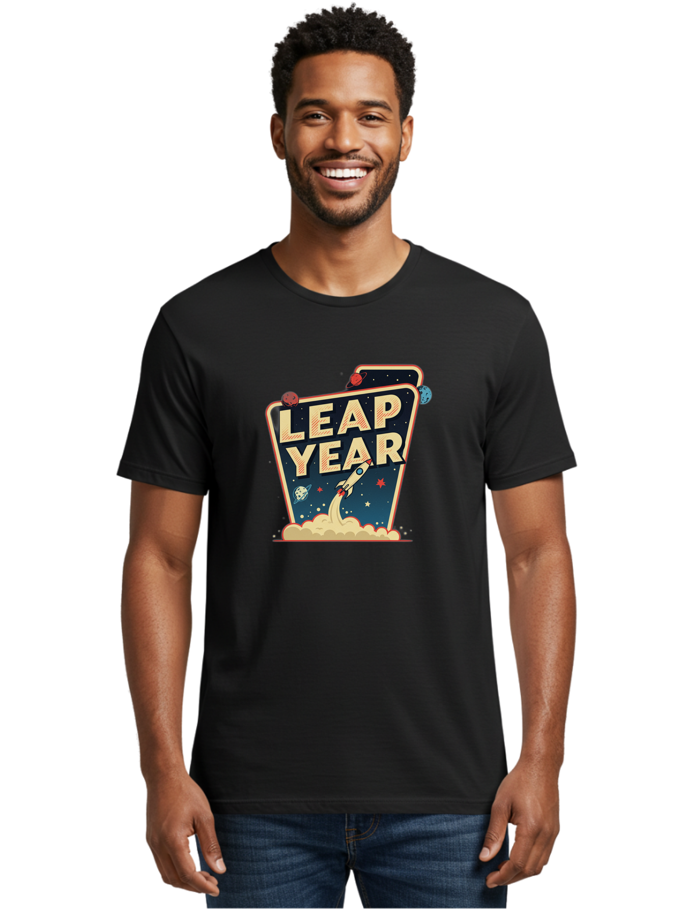 Leap-Year-1 Men'S Graphic Tee, 100% Cotton, Comfortable Casual Summer Wear, Machine Washable, Leap Year, Rocket Ship, Space Travel, Stars, Planets, Celestial Bodies, Retro-Futuristic, Vintage Space, Space Exploration, Launch Sequence Bac111