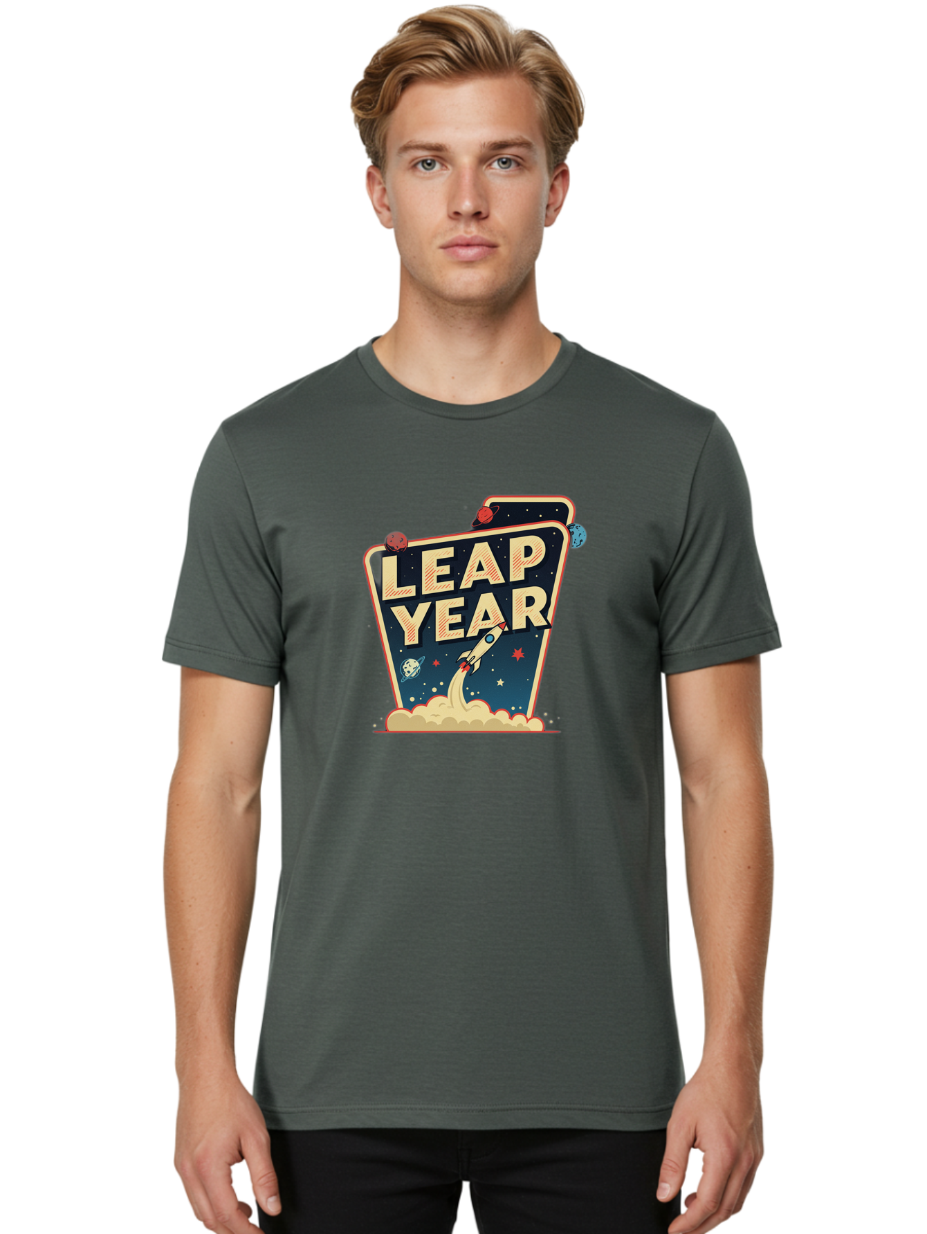 Leap-Year-1 Men'S Graphic Tee, 100% Cotton, Comfortable Casual Summer Wear, Machine Washable, Leap Year, Rocket Ship, Space Travel, Stars, Planets, Celestial Bodies, Retro-Futuristic, Vintage Space, Space Exploration, Launch Sequence Bac111