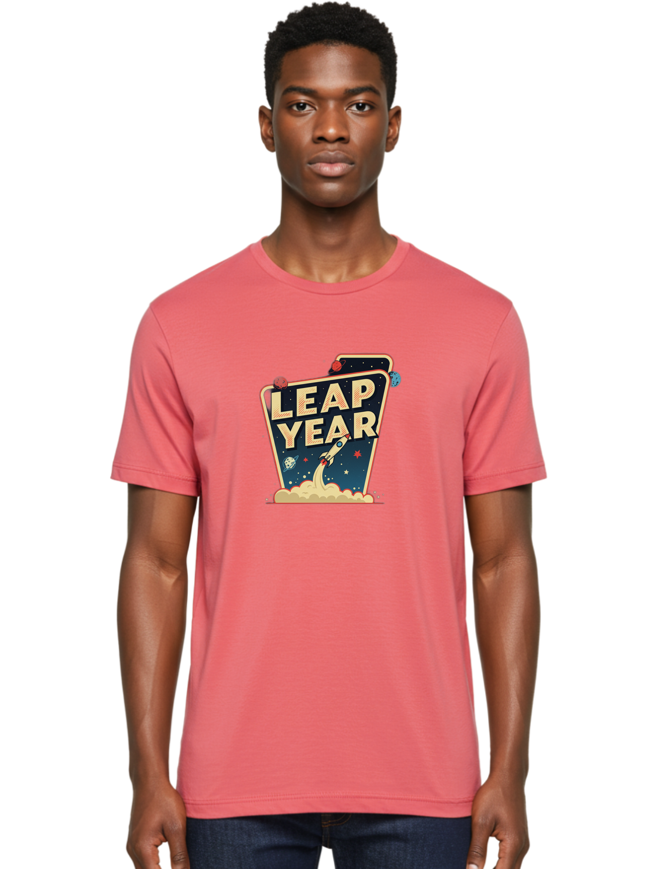 Leap-Year-1 Men'S Graphic Tee, 100% Cotton, Comfortable Casual Summer Wear, Machine Washable, Leap Year, Rocket Ship, Space Travel, Stars, Planets, Celestial Bodies, Retro-Futuristic, Vintage Space, Space Exploration, Launch Sequence Bac111