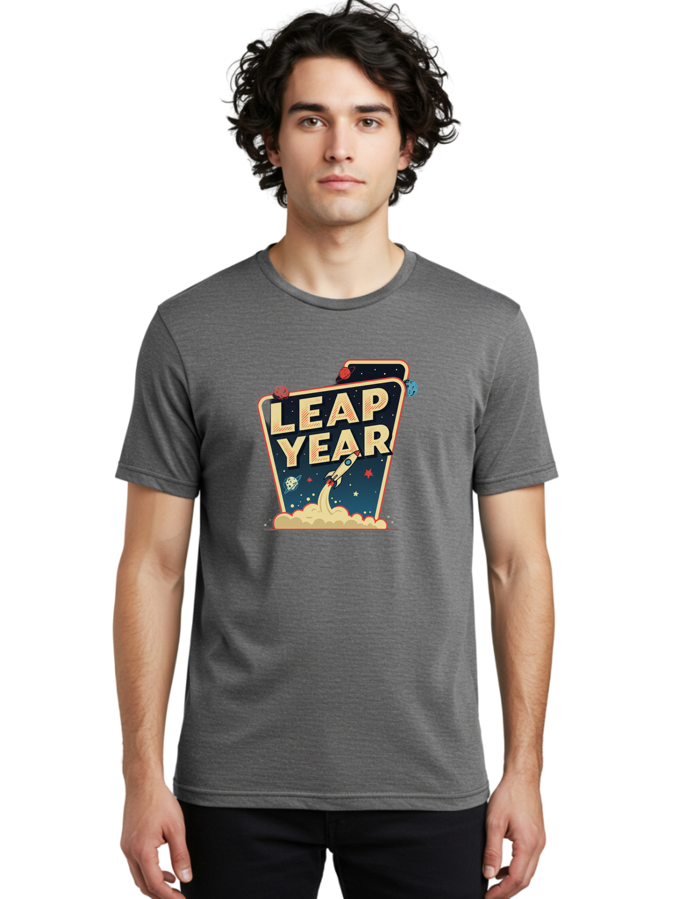 Leap-Year-1 Men'S Graphic Tee, 100% Cotton, Comfortable Casual Summer Wear, Machine Washable, Leap Year, Rocket Ship, Space Travel, Stars, Planets, Celestial Bodies, Retro-Futuristic, Vintage Space, Space Exploration, Launch Sequence Bac111